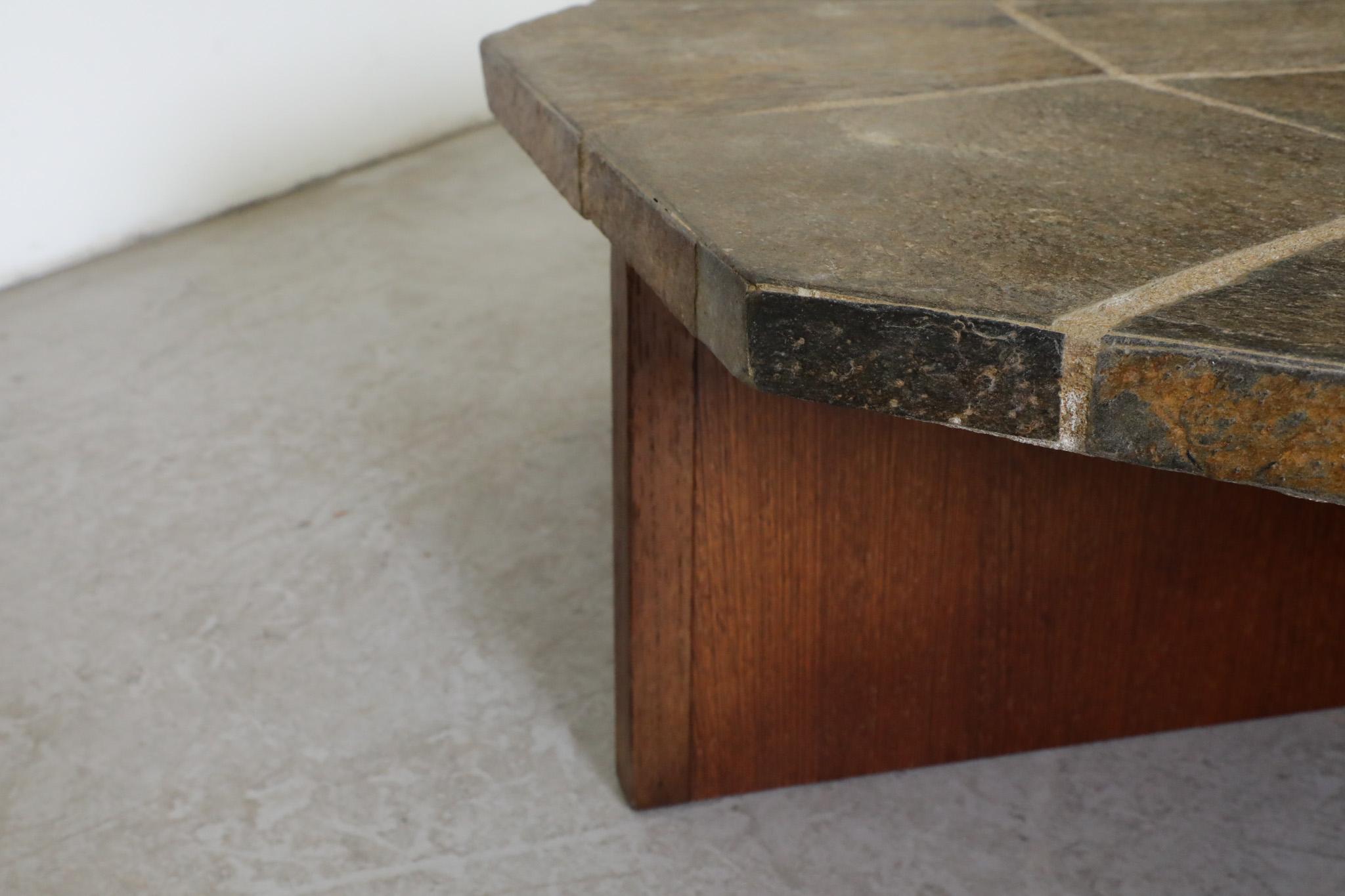 Brutalist Stone Mosaic Coffee Table with Wood X-Base For Sale 8