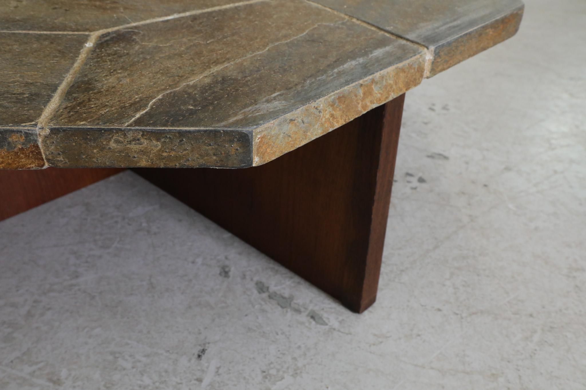 Brutalist Stone Mosaic Coffee Table with Wood X-Base For Sale 9