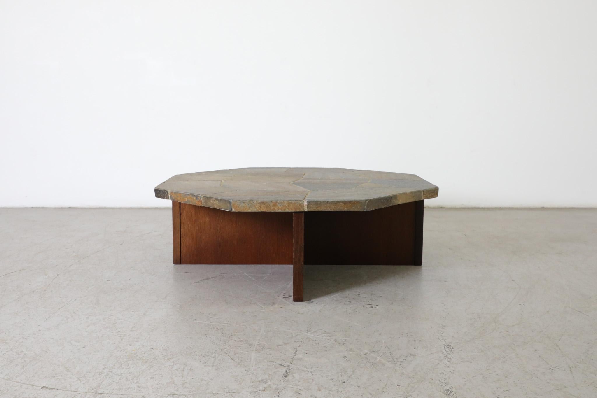 Mid-Century Modern Brutalist Stone Mosaic Coffee Table with Wood X-Base For Sale