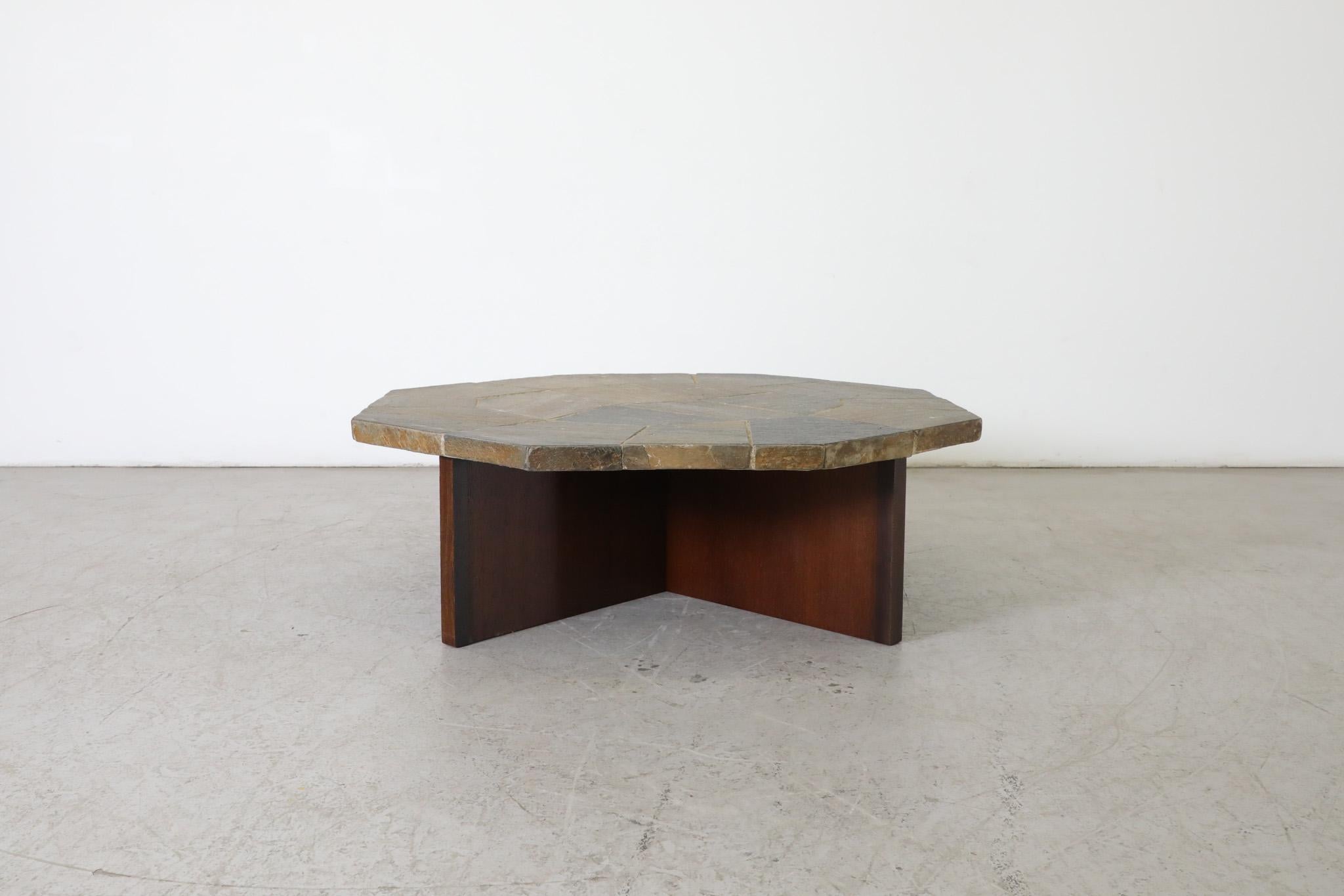 Dutch Brutalist Stone Mosaic Coffee Table with Wood X-Base For Sale