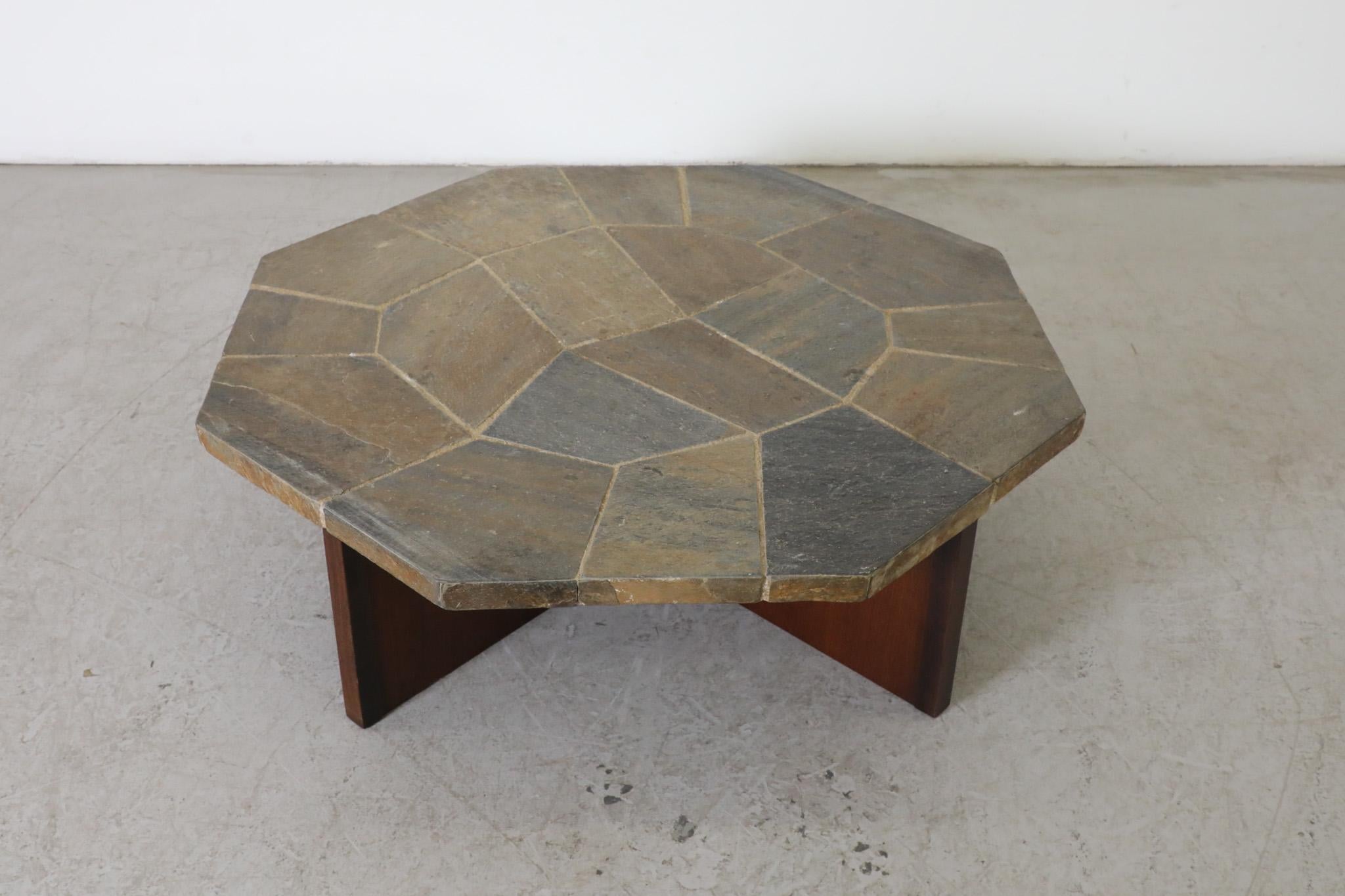 Brutalist Stone Mosaic Coffee Table with Wood X-Base In Good Condition For Sale In Los Angeles, CA
