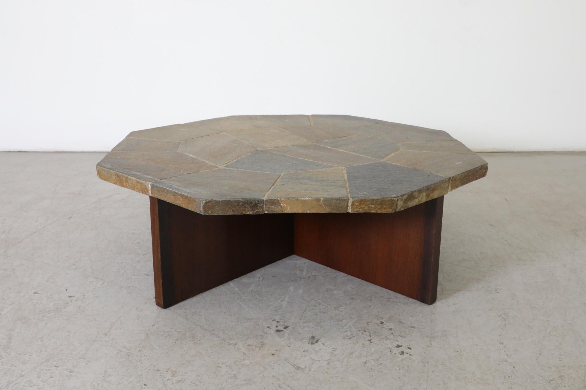 Mid-20th Century Brutalist Stone Mosaic Coffee Table with Wood X-Base For Sale