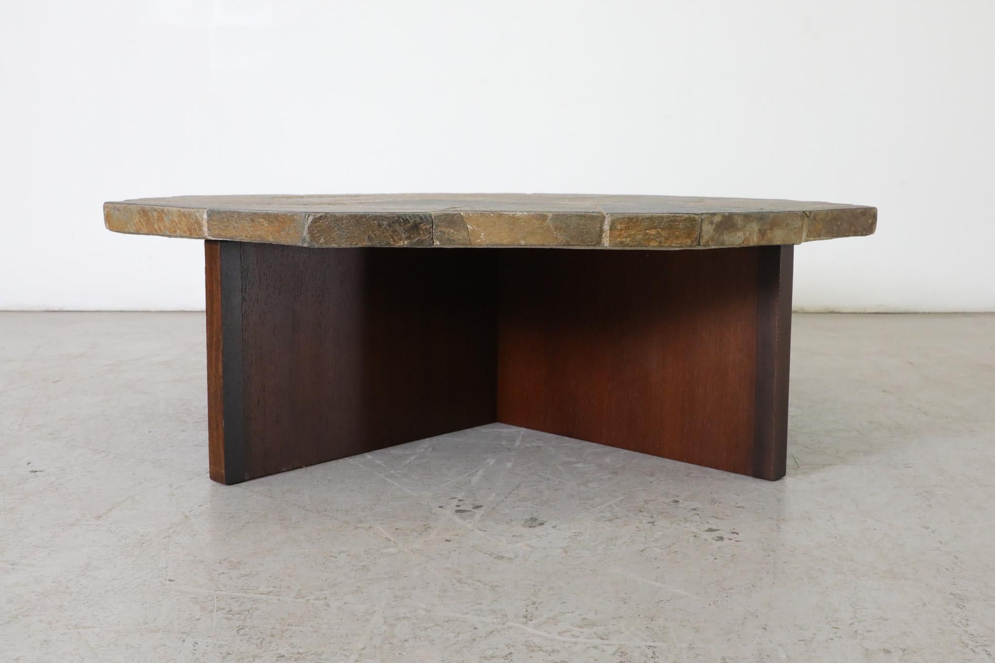 Brutalist Stone Mosaic Coffee Table with Wood X-Base For Sale 2