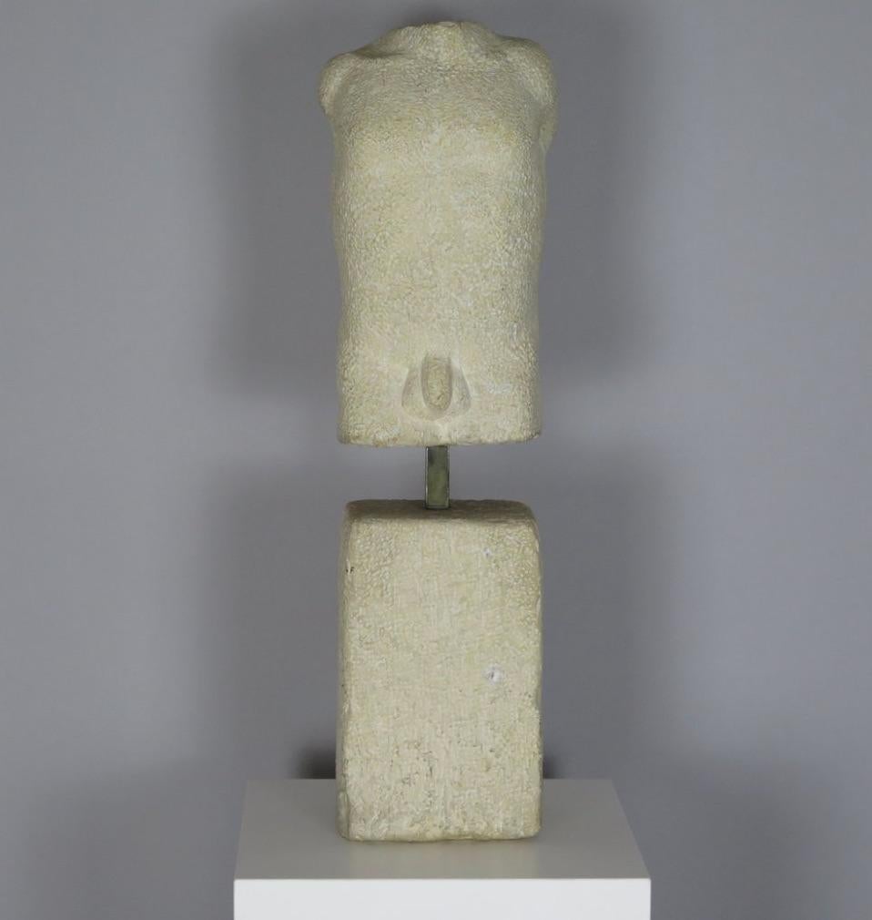 French Brutalist Stone Sculpture of a Male Torso by Noëlle Favre For Sale