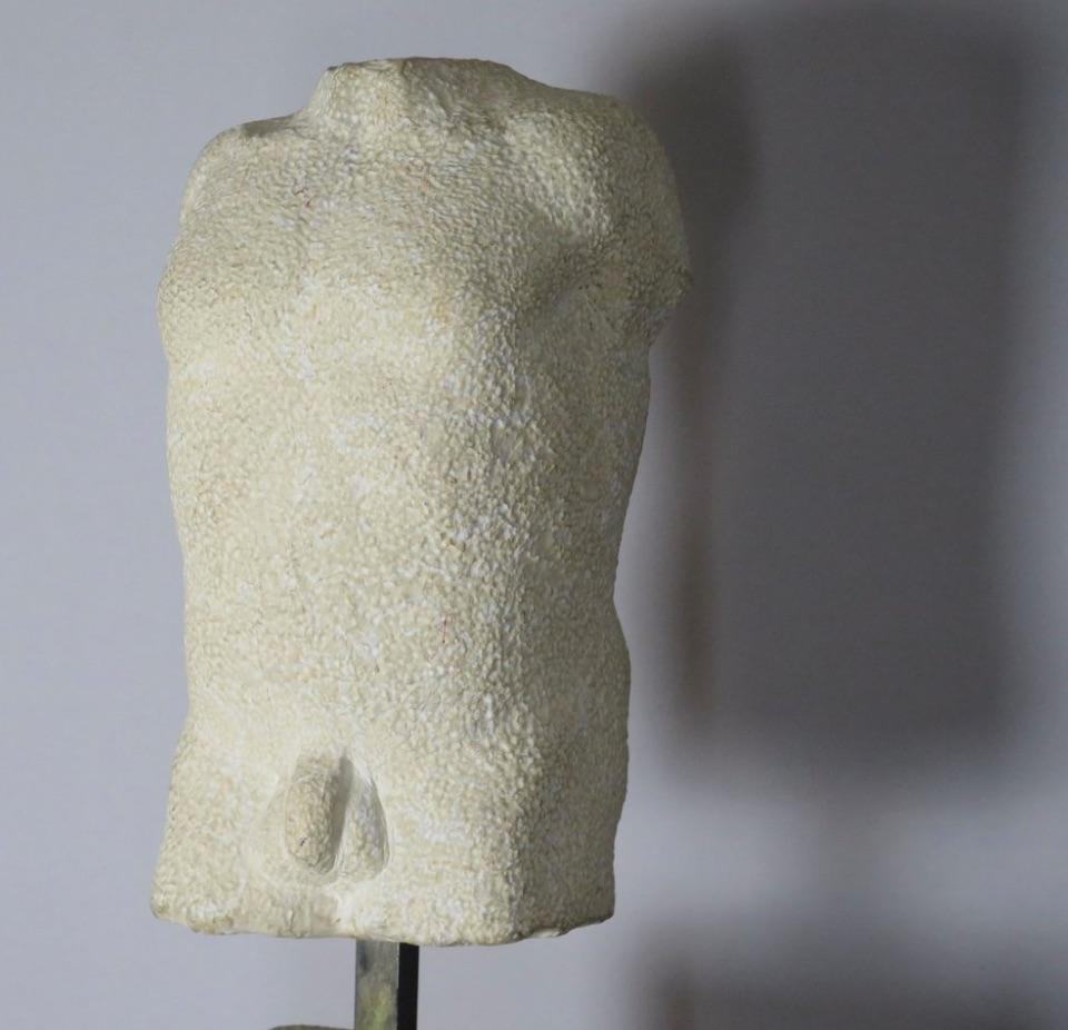 Late 20th Century Brutalist Stone Sculpture of a Male Torso by Noëlle Favre For Sale