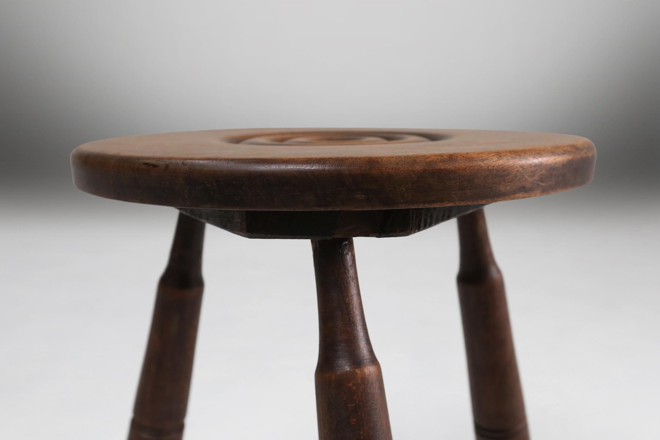 Wood Brutalist Stool, circa 1960 For Sale