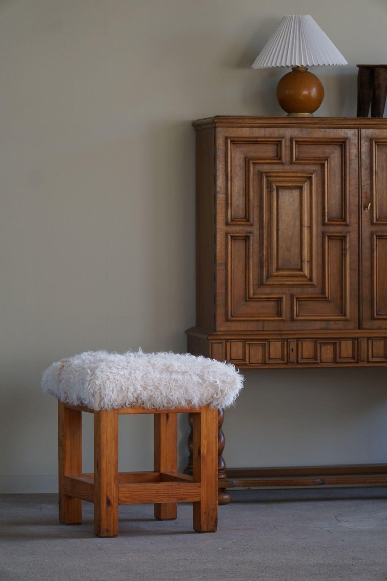 Brutalist Stool in Solid Pine and Sheepskin, by a Danish Cabinetmaker ...