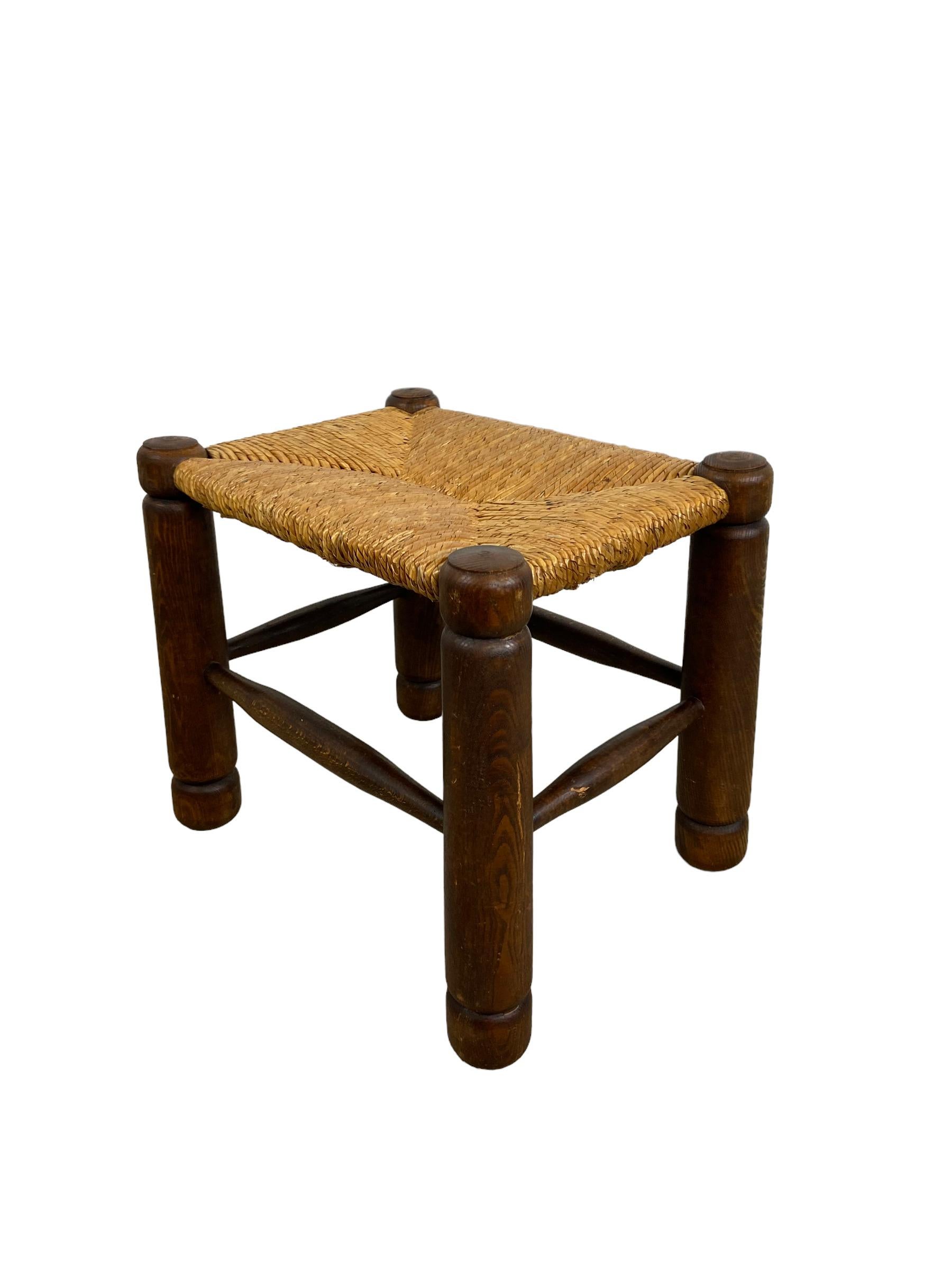 Mid-20th Century Brutalist Stool with Rush Seat For Sale