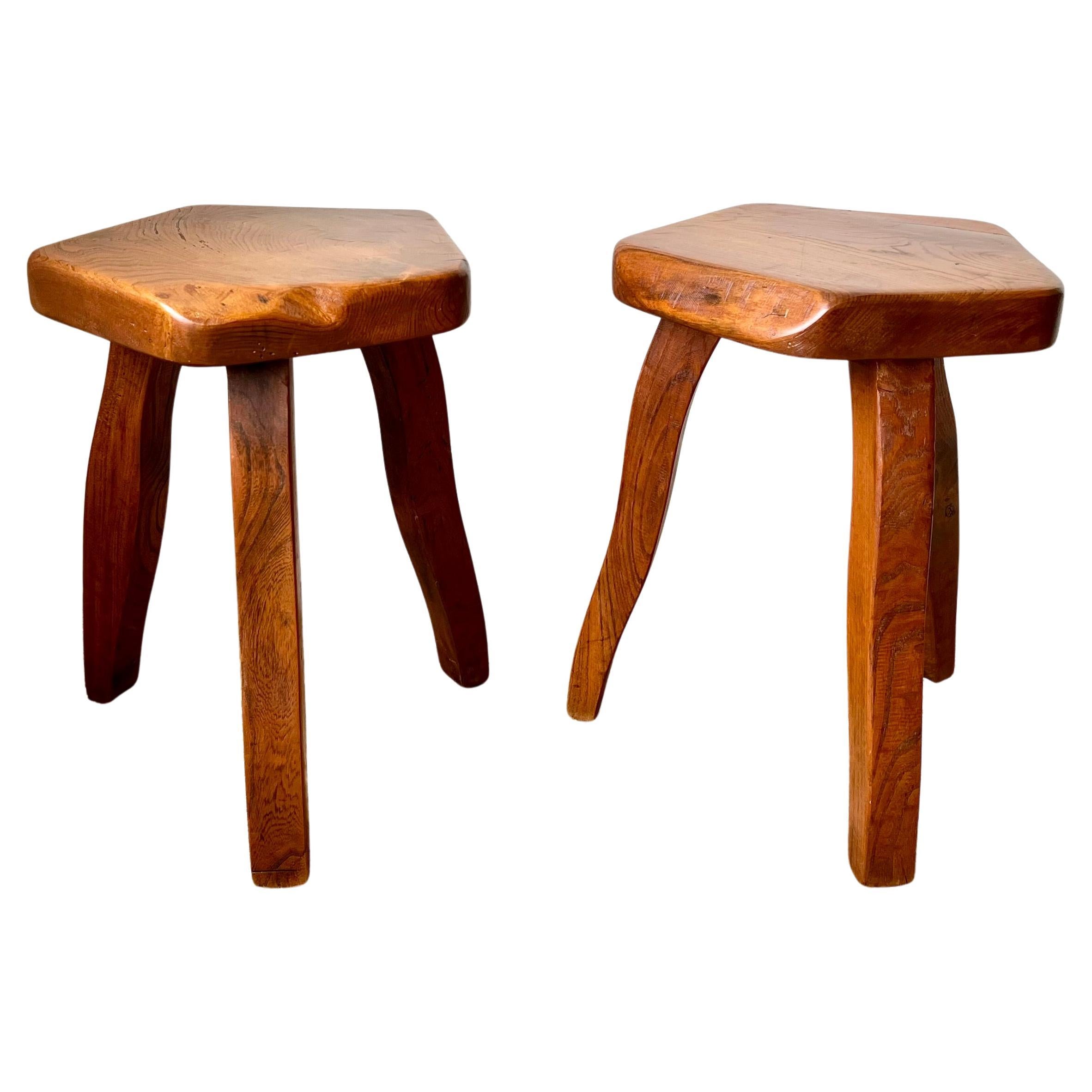 Brutalist Stools In Elm by Aranjou France c.1960 Olavi Hanninen Mikko Nuppon For Sale