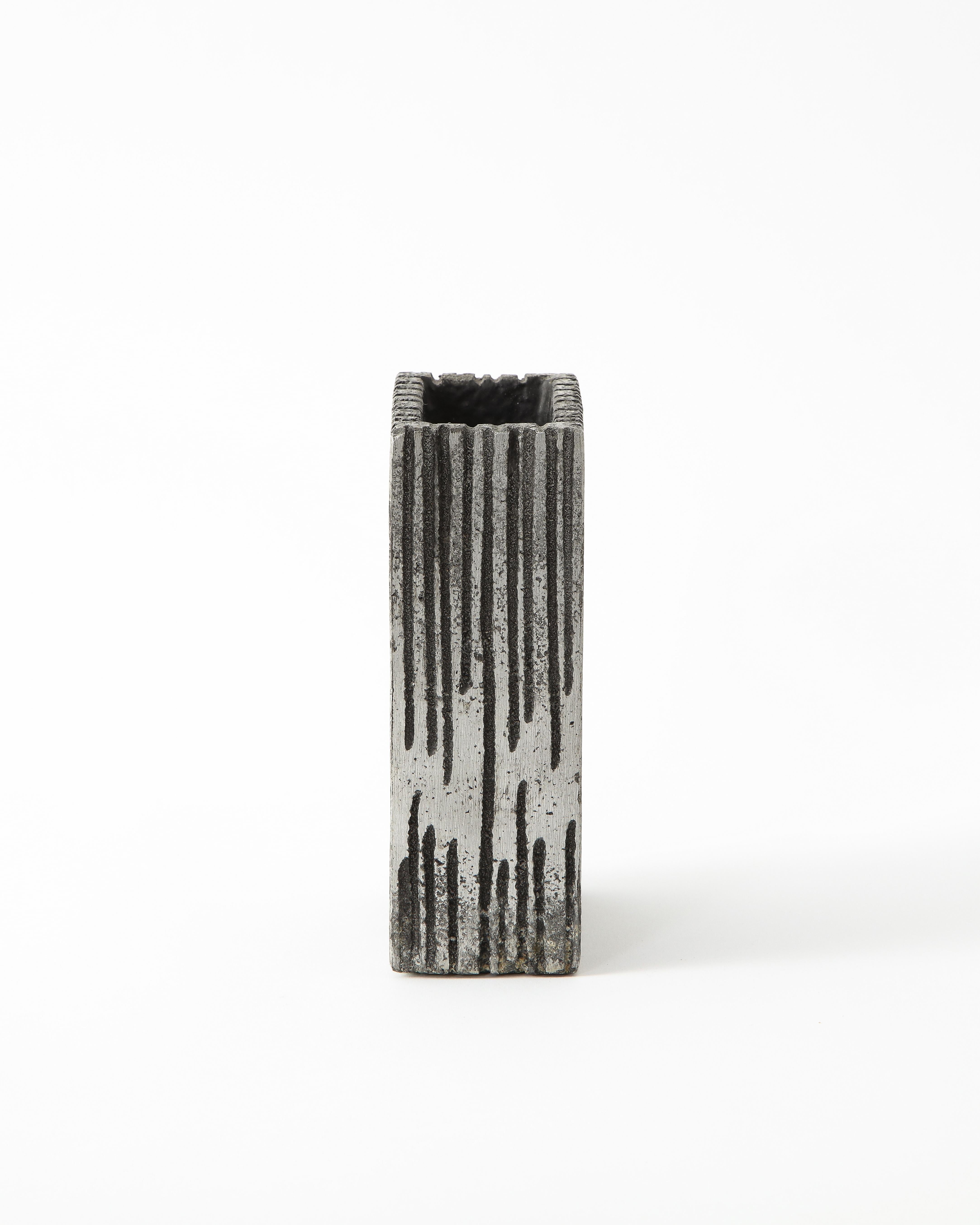 Brutalist Striated Rectangular Metallic Vase in Light Silver 8