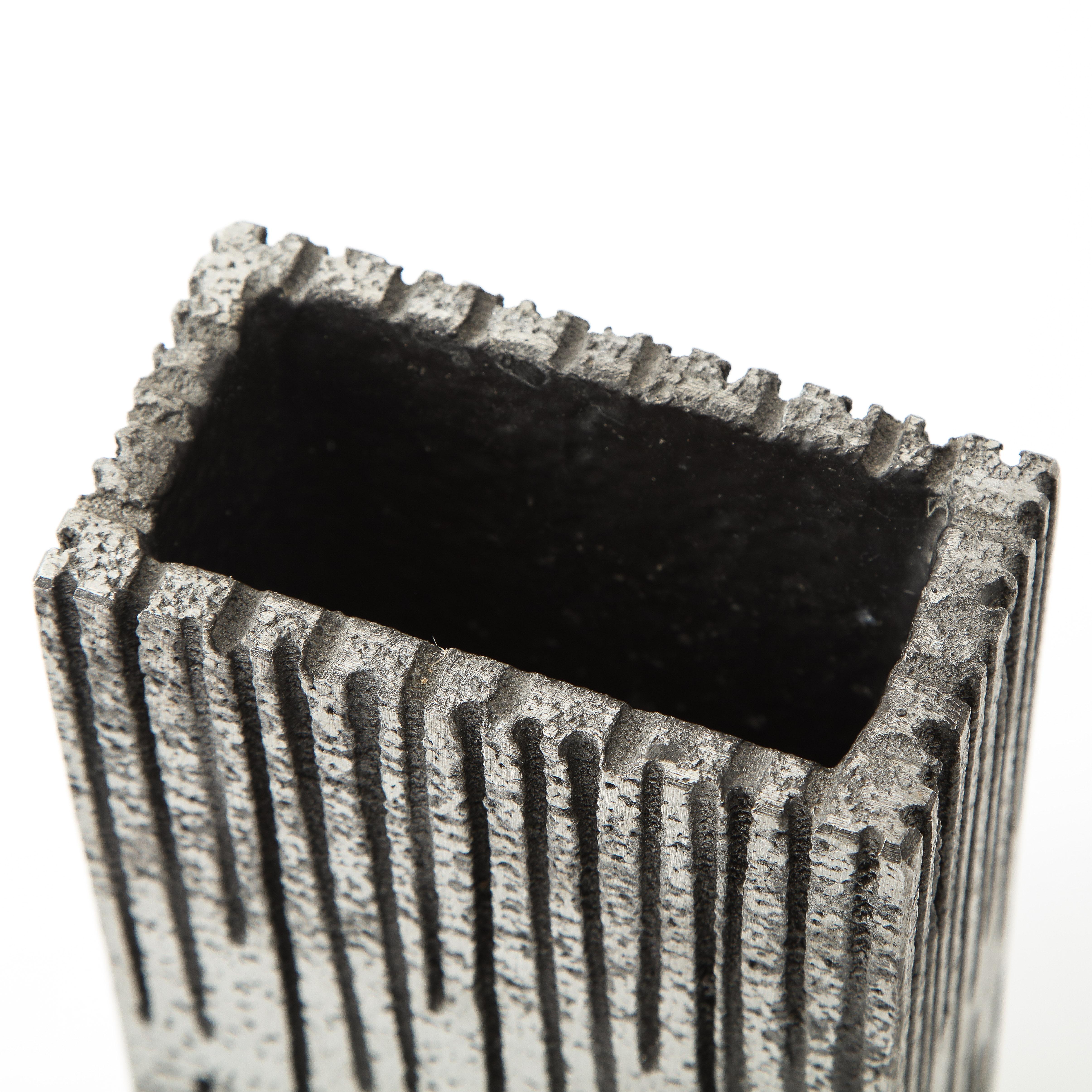 Brutalist Striated Rectangular Metallic Vase in Light Silver 10