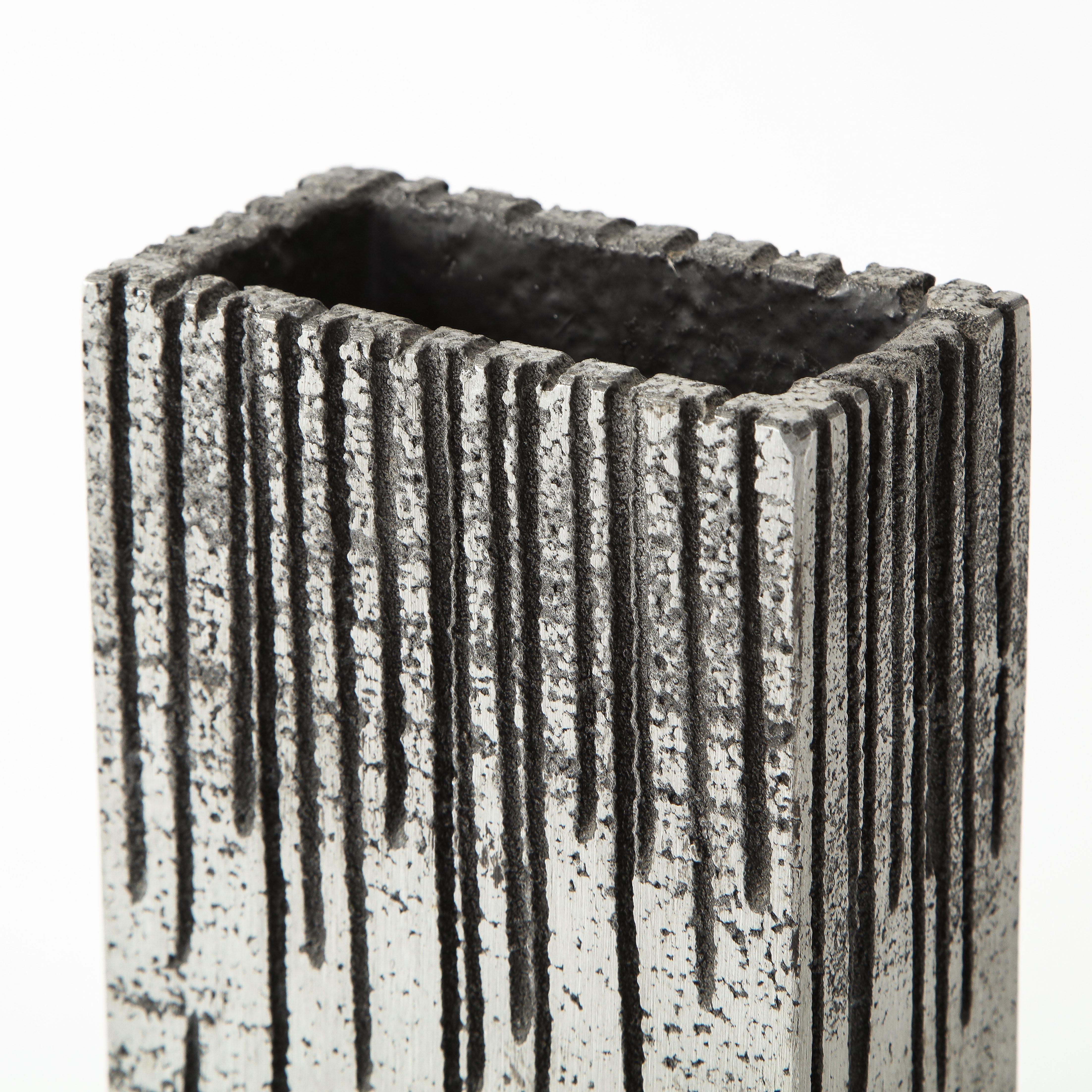 Mid-20th Century Brutalist Striated Rectangular Metallic Vase in Light Silver
