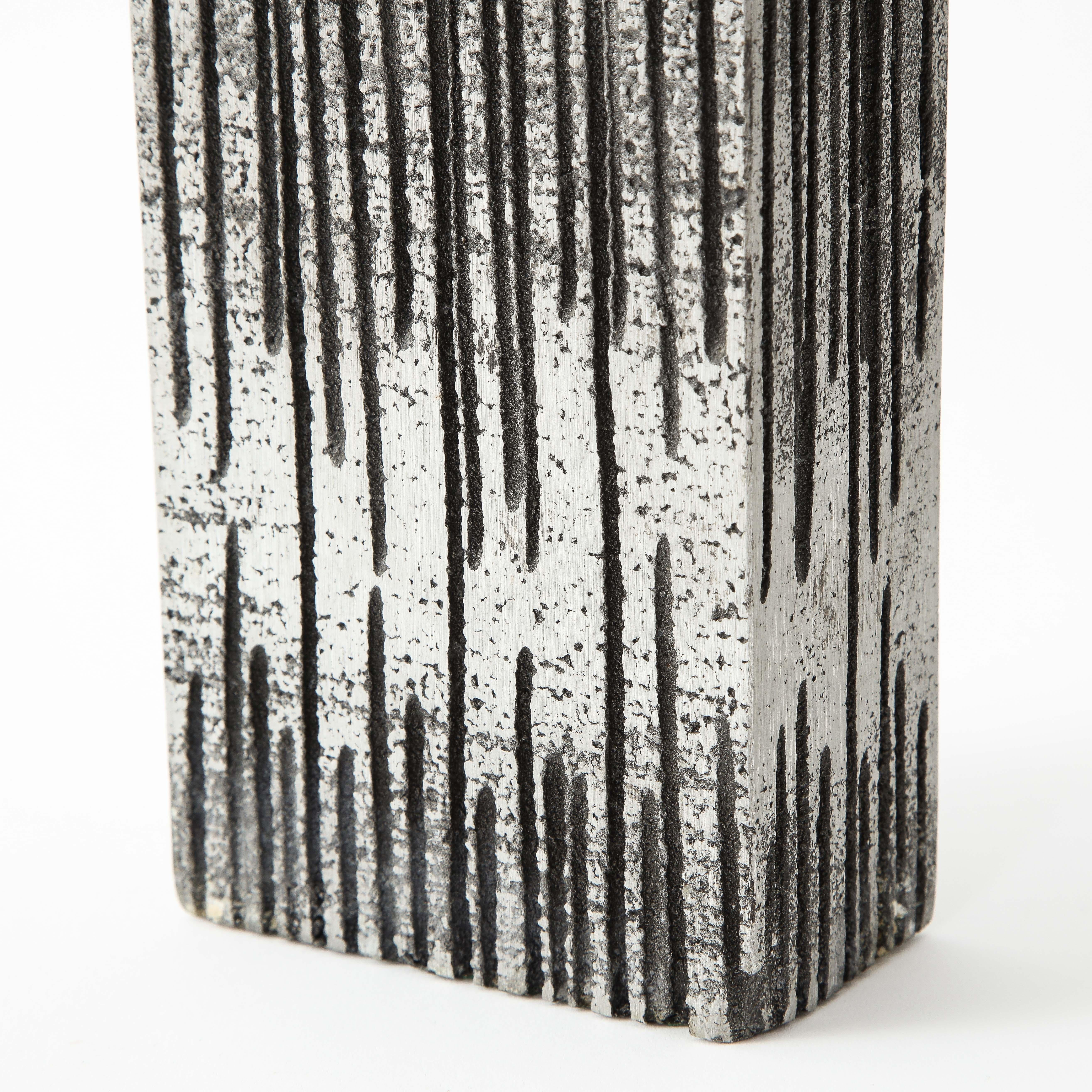 Ceramic Brutalist Striated Rectangular Metallic Vase in Light Silver