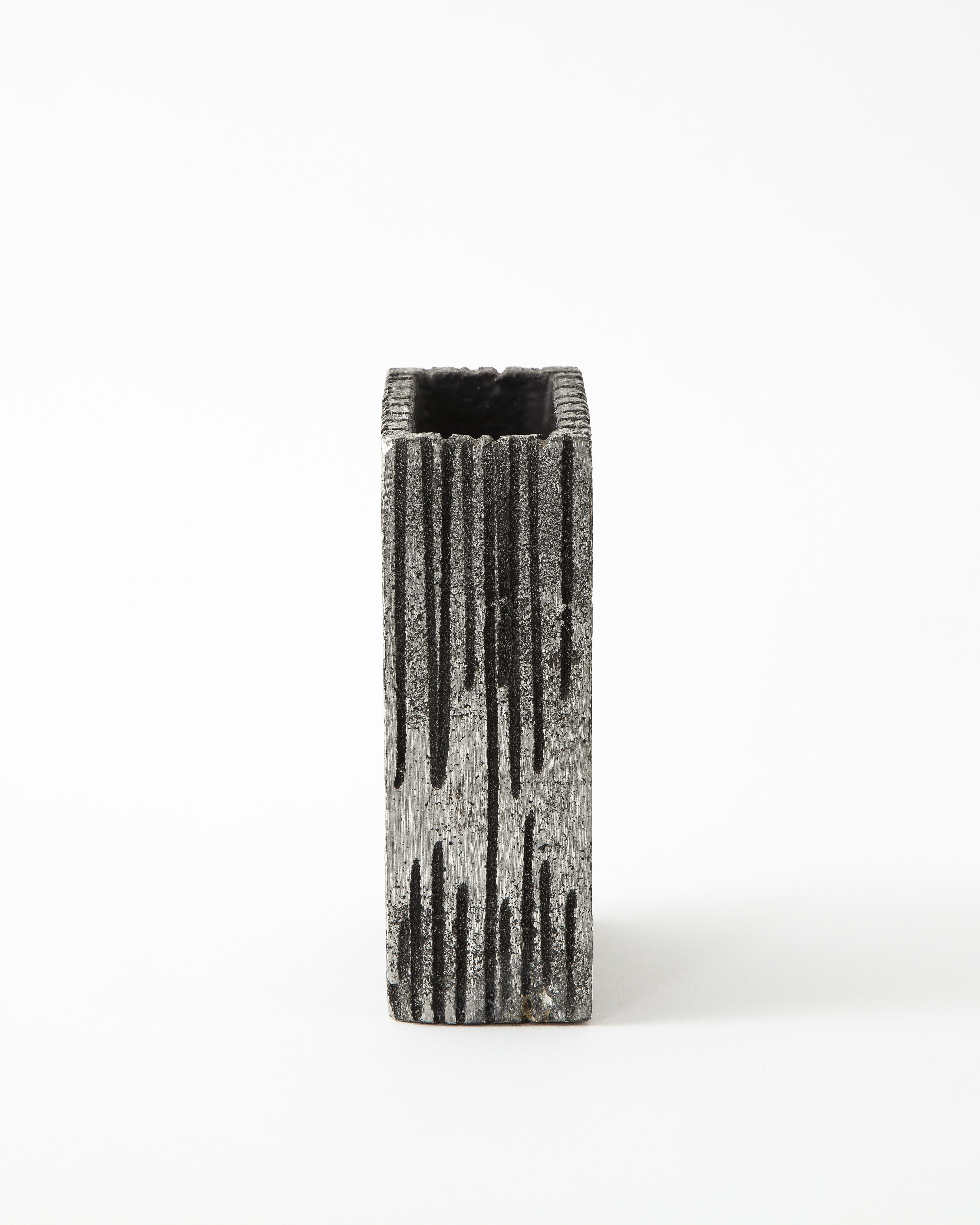 Brutalist Striated Rectangular Metallic Vase in Light Silver 1