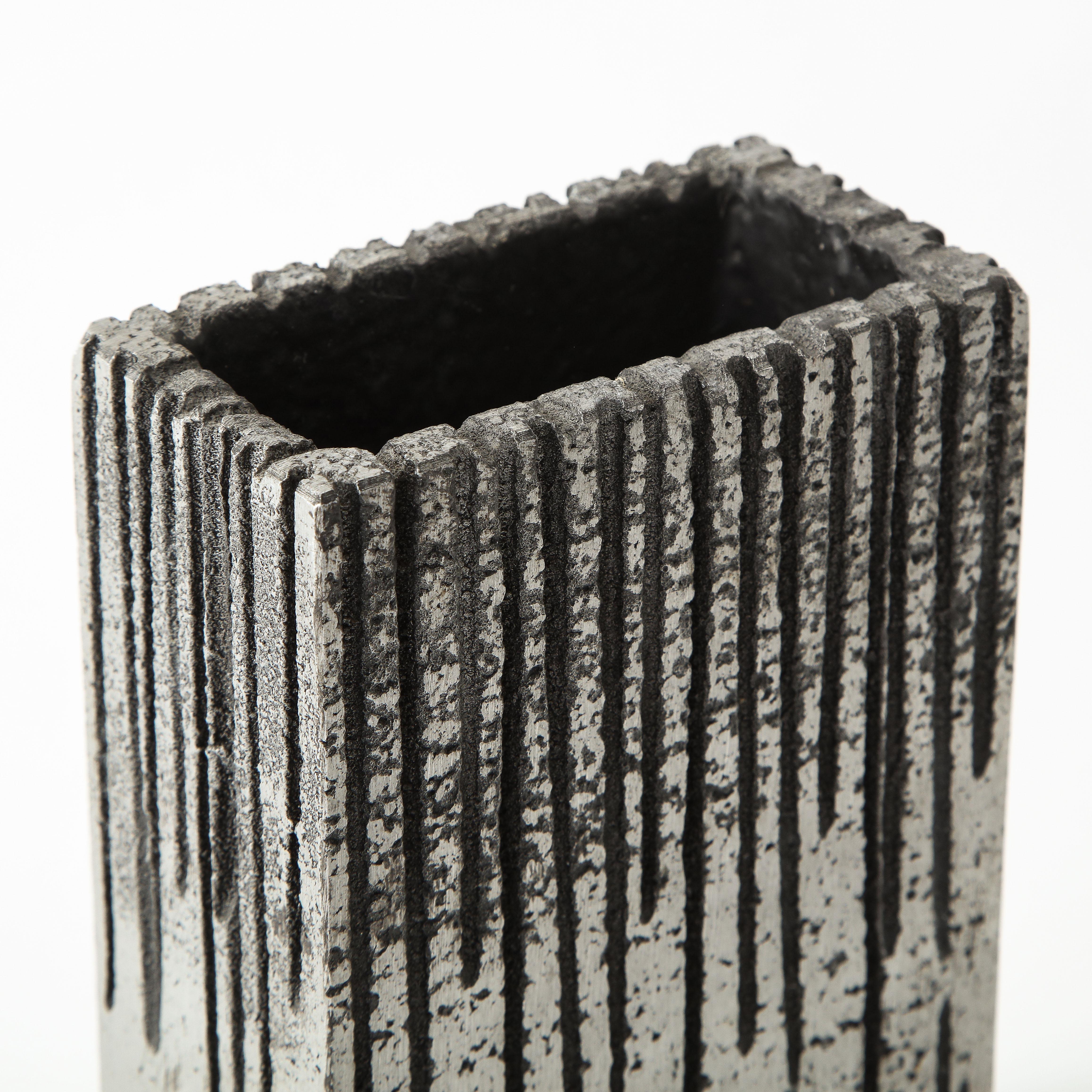 Brutalist Striated Rectangular Metallic Vase in Light Silver 3