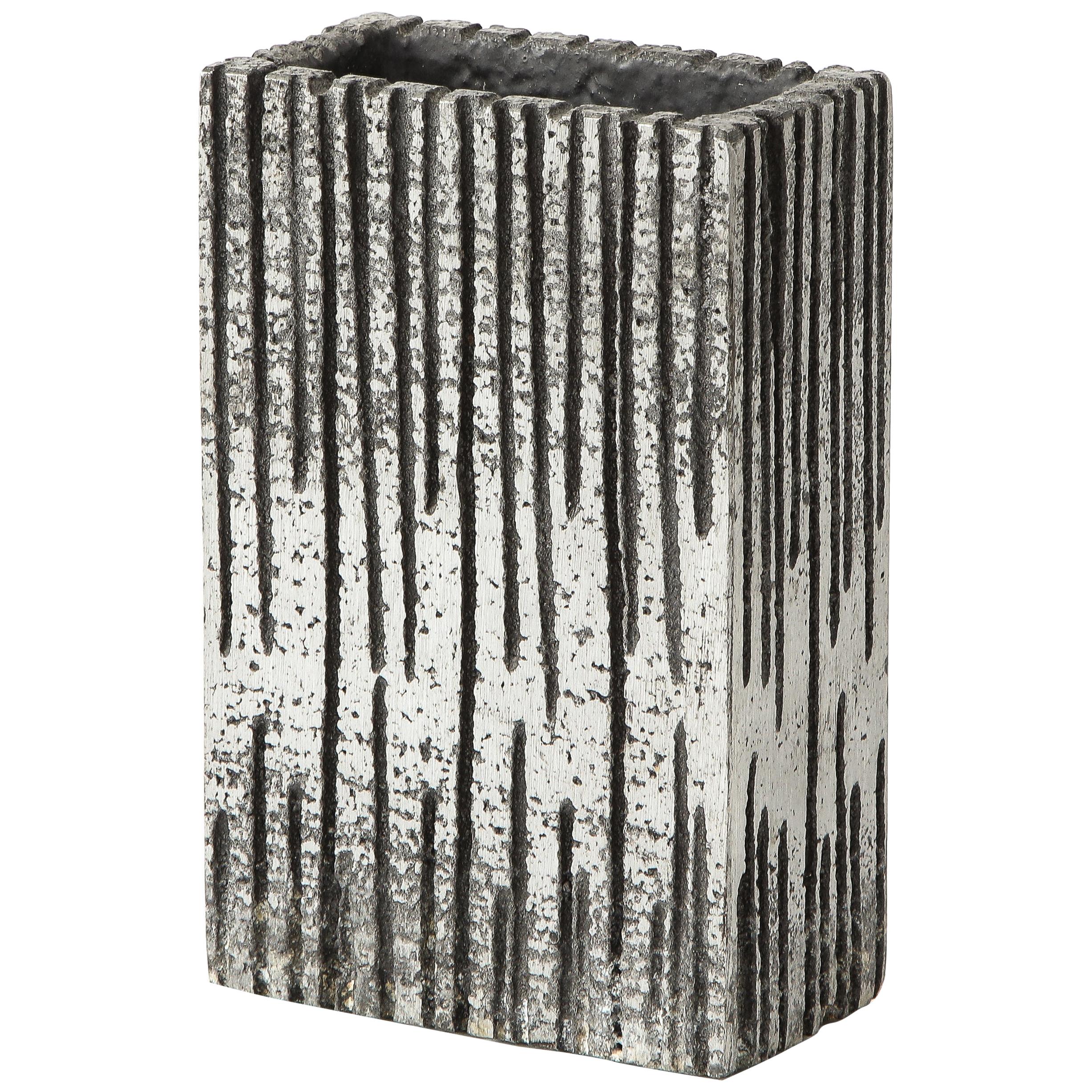 Brutalist Striated Rectangular Metallic Vase in Light Silver