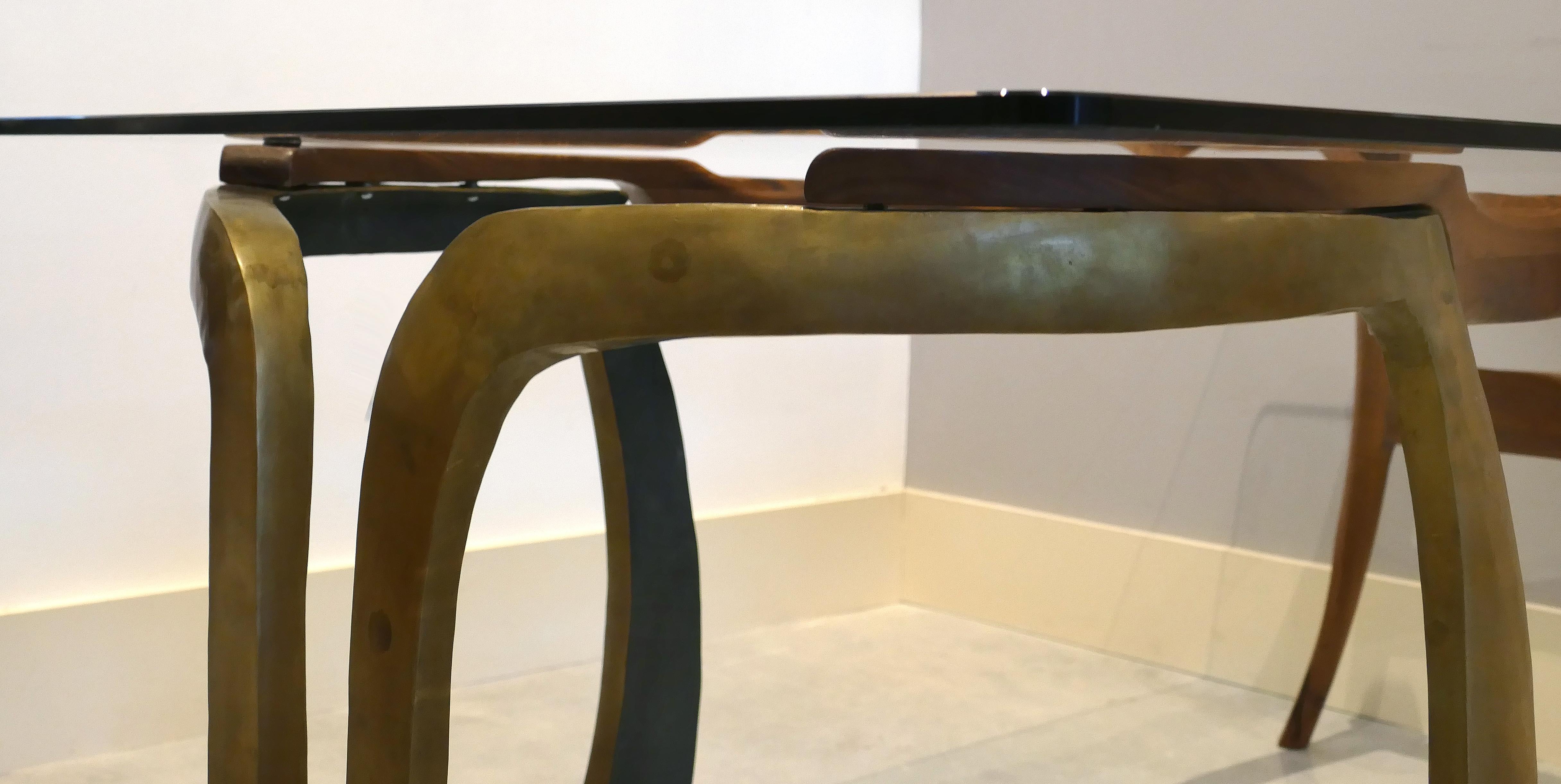 Brutalist Studio Sculptural Bronze and Wood Desk or Table 3