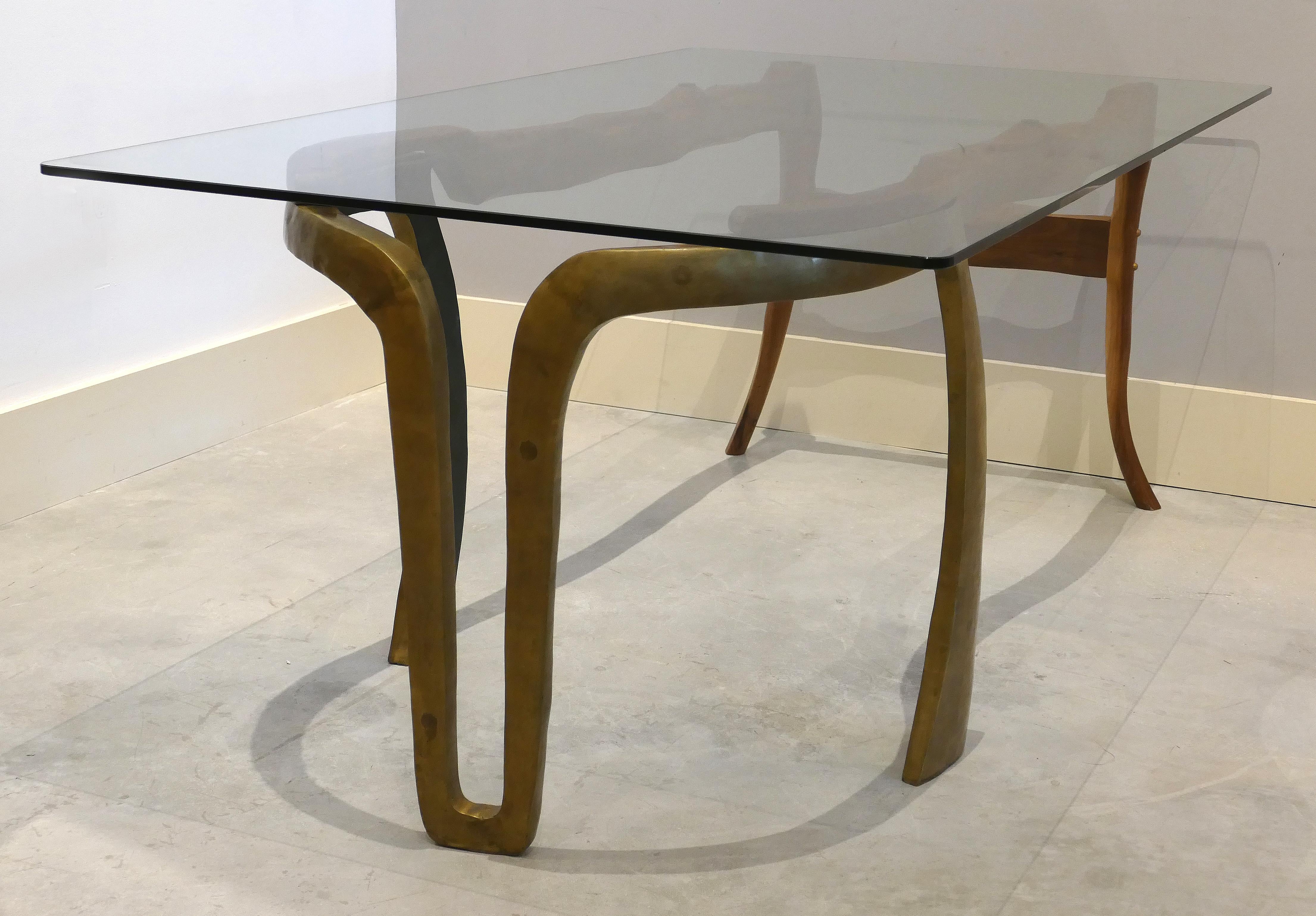 Brutalist Studio Sculptural Bronze and Wood Desk or Table 7