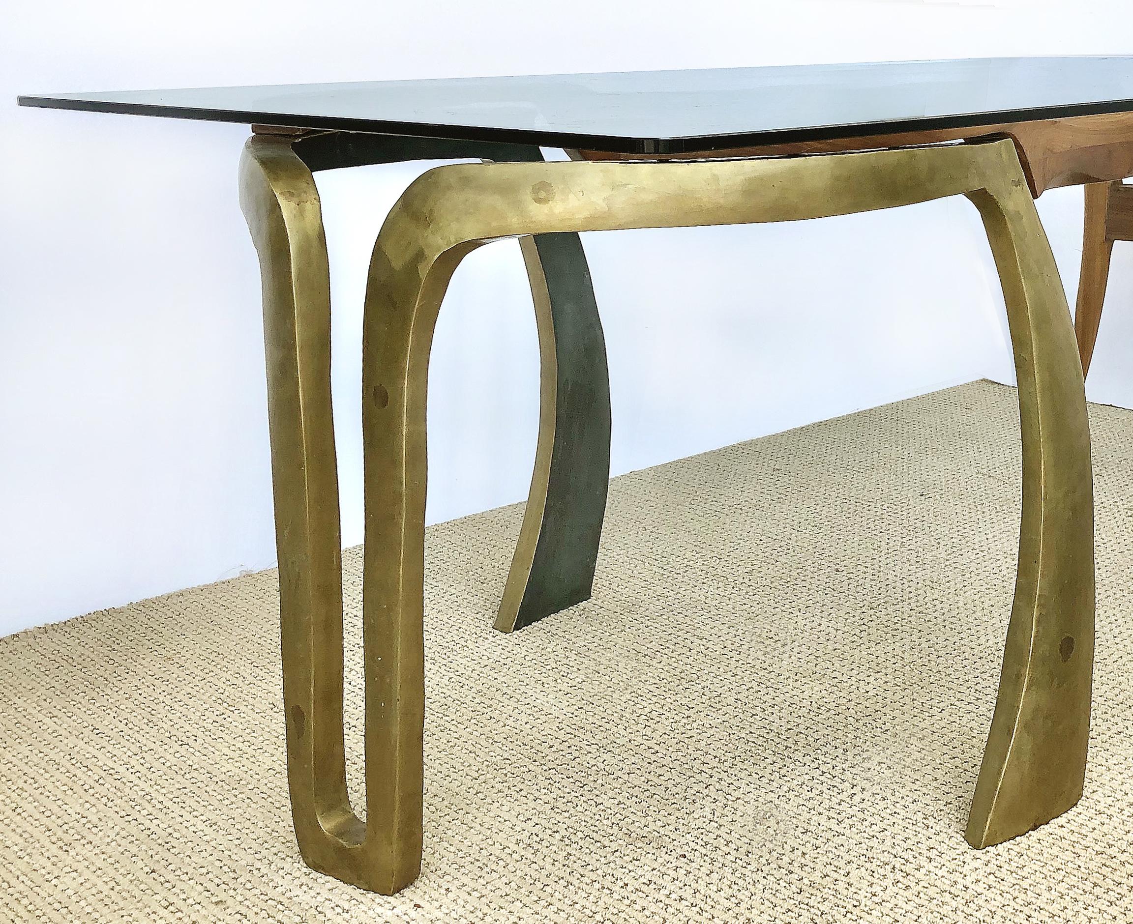 American Brutalist Studio Sculptural Bronze and Wood Desk or Table