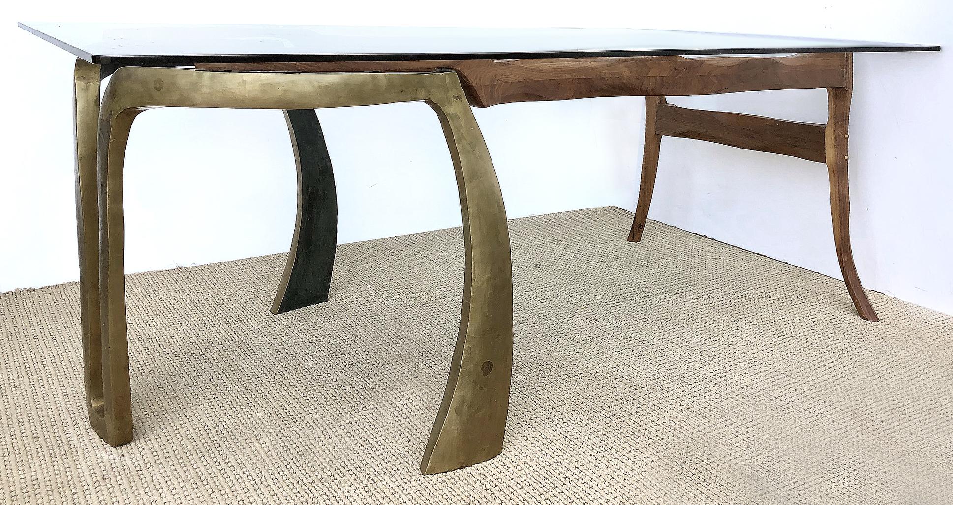 Hand-Carved Brutalist Studio Sculptural Bronze and Wood Desk or Table