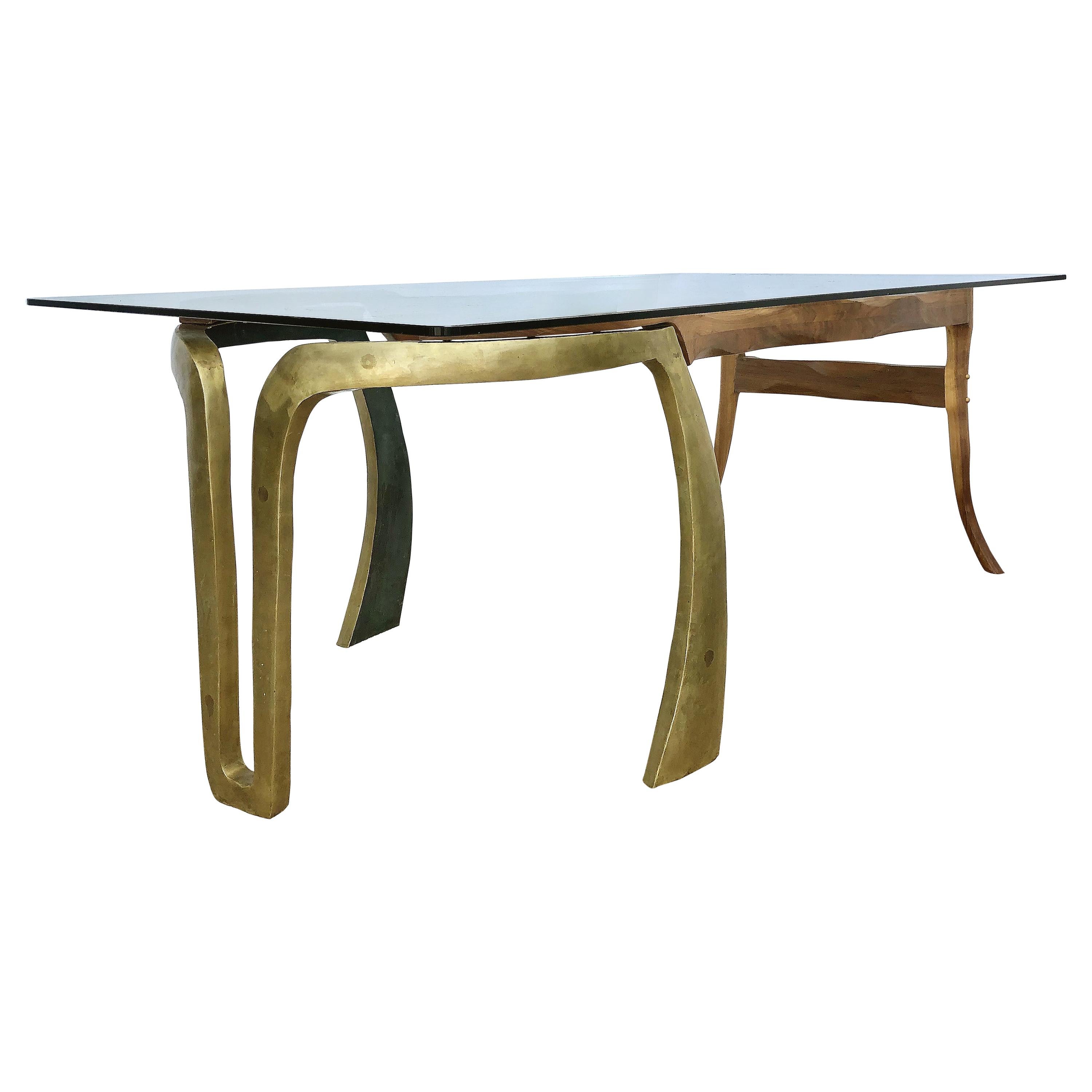 Brutalist Studio Sculptural Bronze and Wood Desk or Table