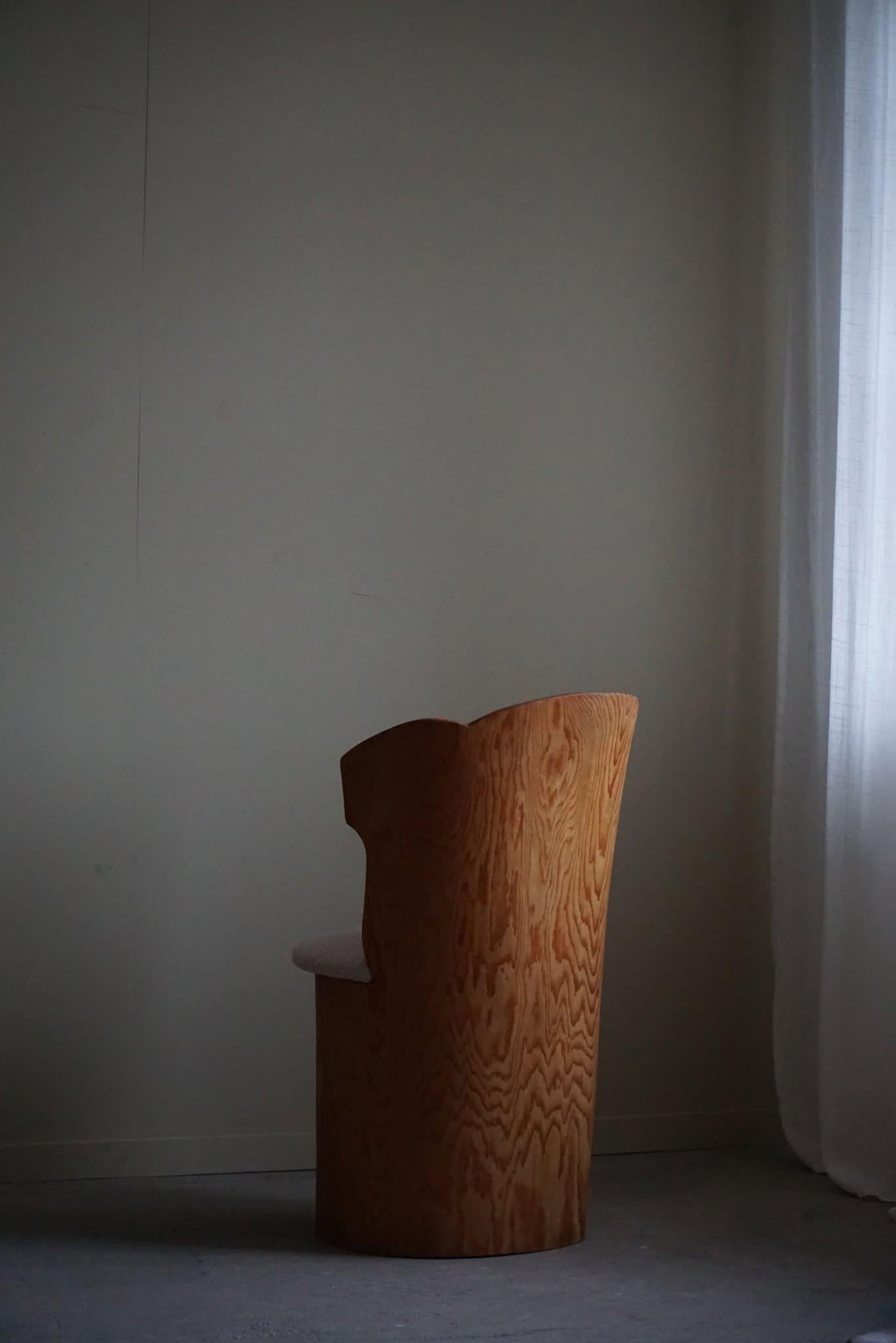Hand-Crafted Brutalist Stump Chair in Solid Pine & Bouclé, Swedish Mid Century Modern, 1970s For Sale