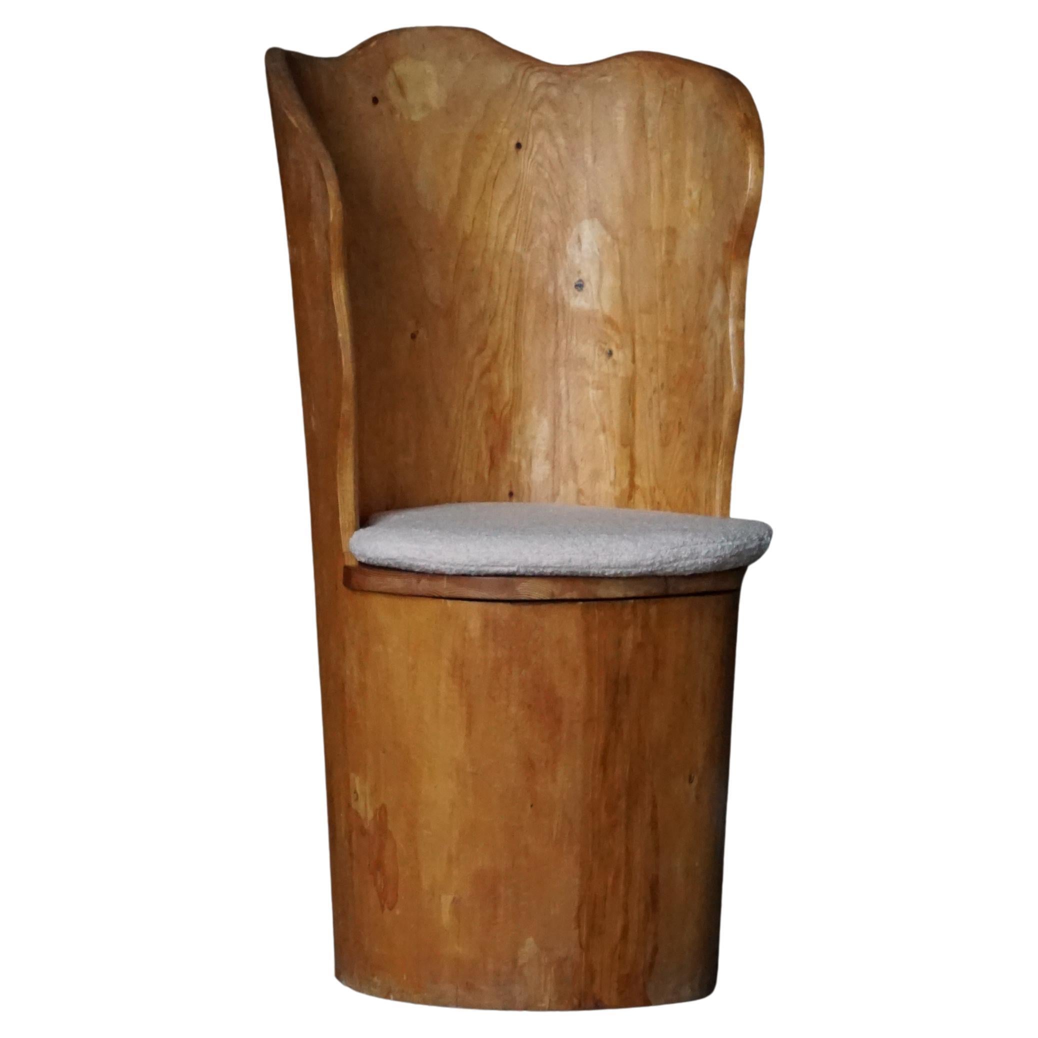 Brutalist Stump Chair in Solid Pine 
Bouclé, Swedish Mid Century Modern, 1970s For Sale