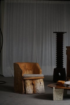 Brutalist Stump Chair in Solid Wood & Lambswool Seat, Swedish Mid Century, 1960s