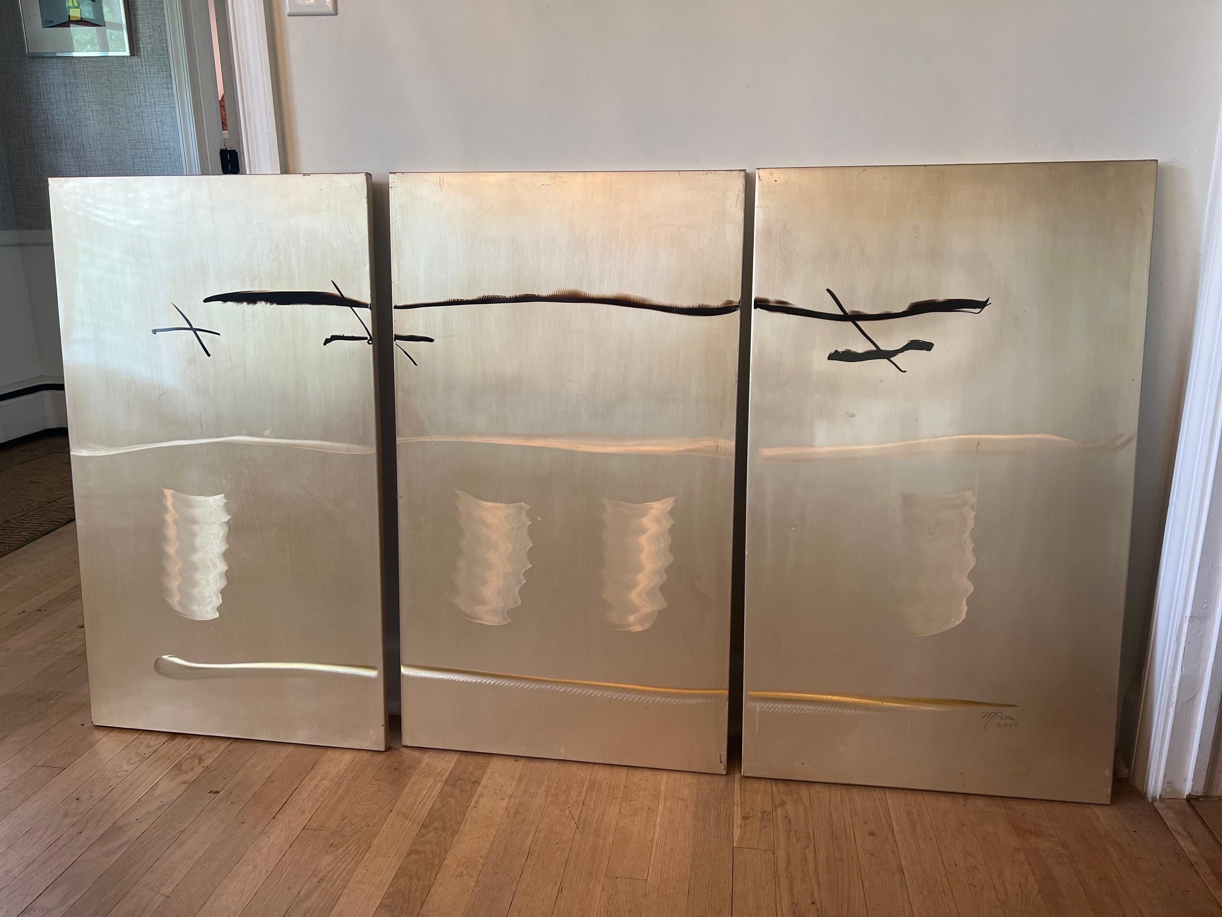 Unique signed Brass/Bronze Metal plates.  Black lines with burnished brass color and etching.     One large painting is made up of three panels.   
Signed M. Pena.  
These were acquired from California estate, but do not more of the actual artist. 