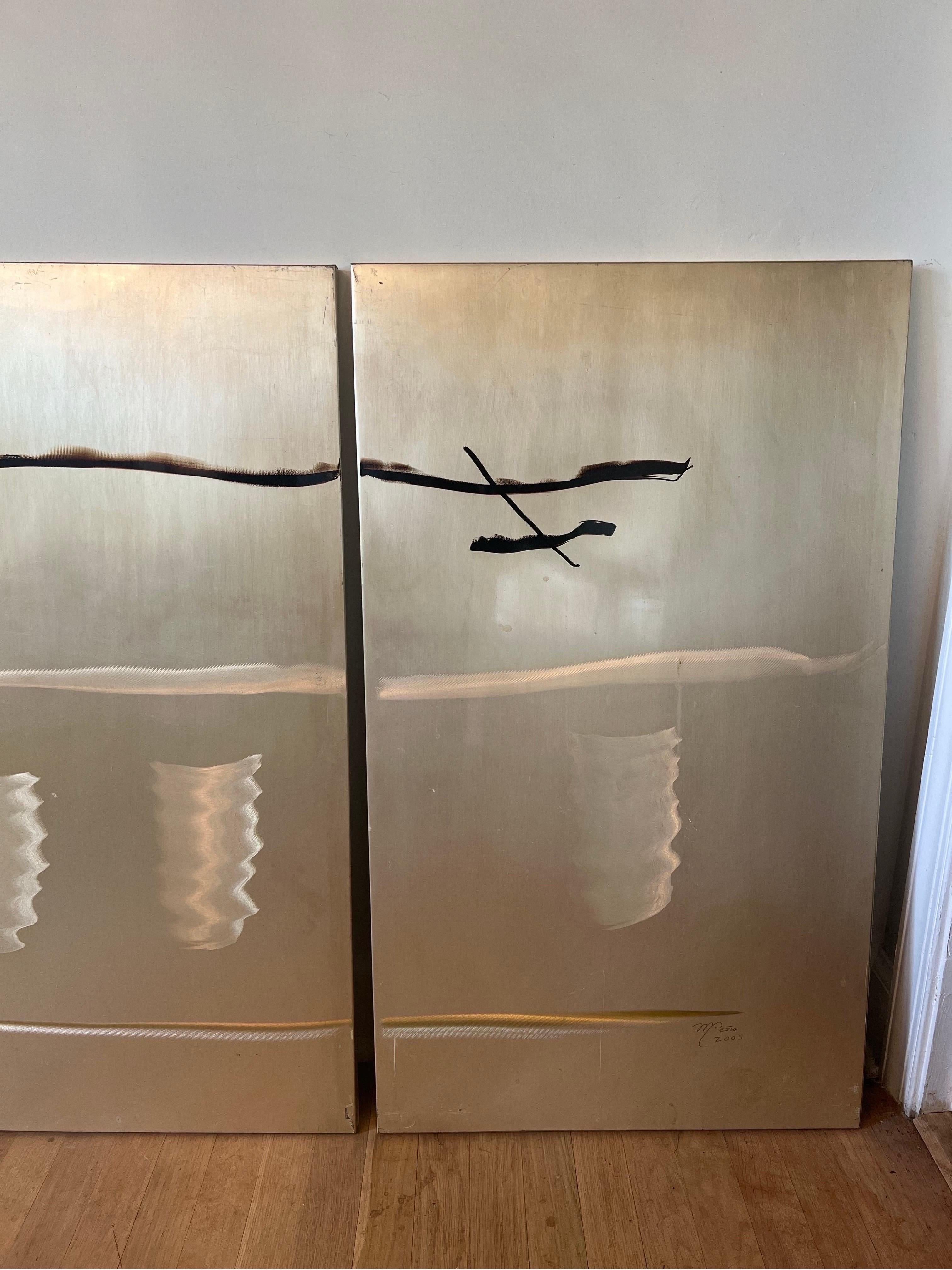 American Brutalist Style Abstract Brass Panels Etched with Modern Paint - Signed M. Pena For Sale