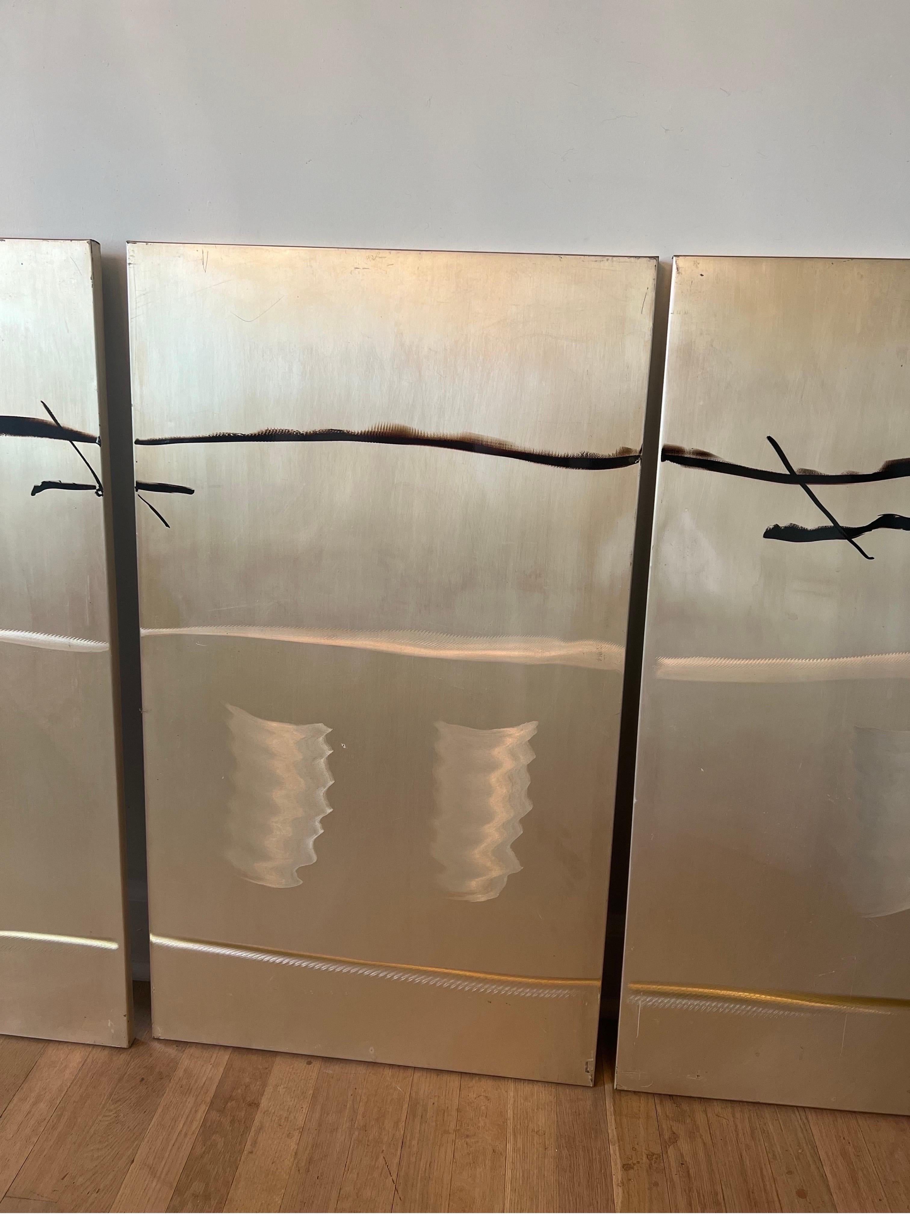 Brutalist Style Abstract Brass Panels Etched with Modern Paint - Signed M. Pena In Good Condition For Sale In Los Angeles, CA