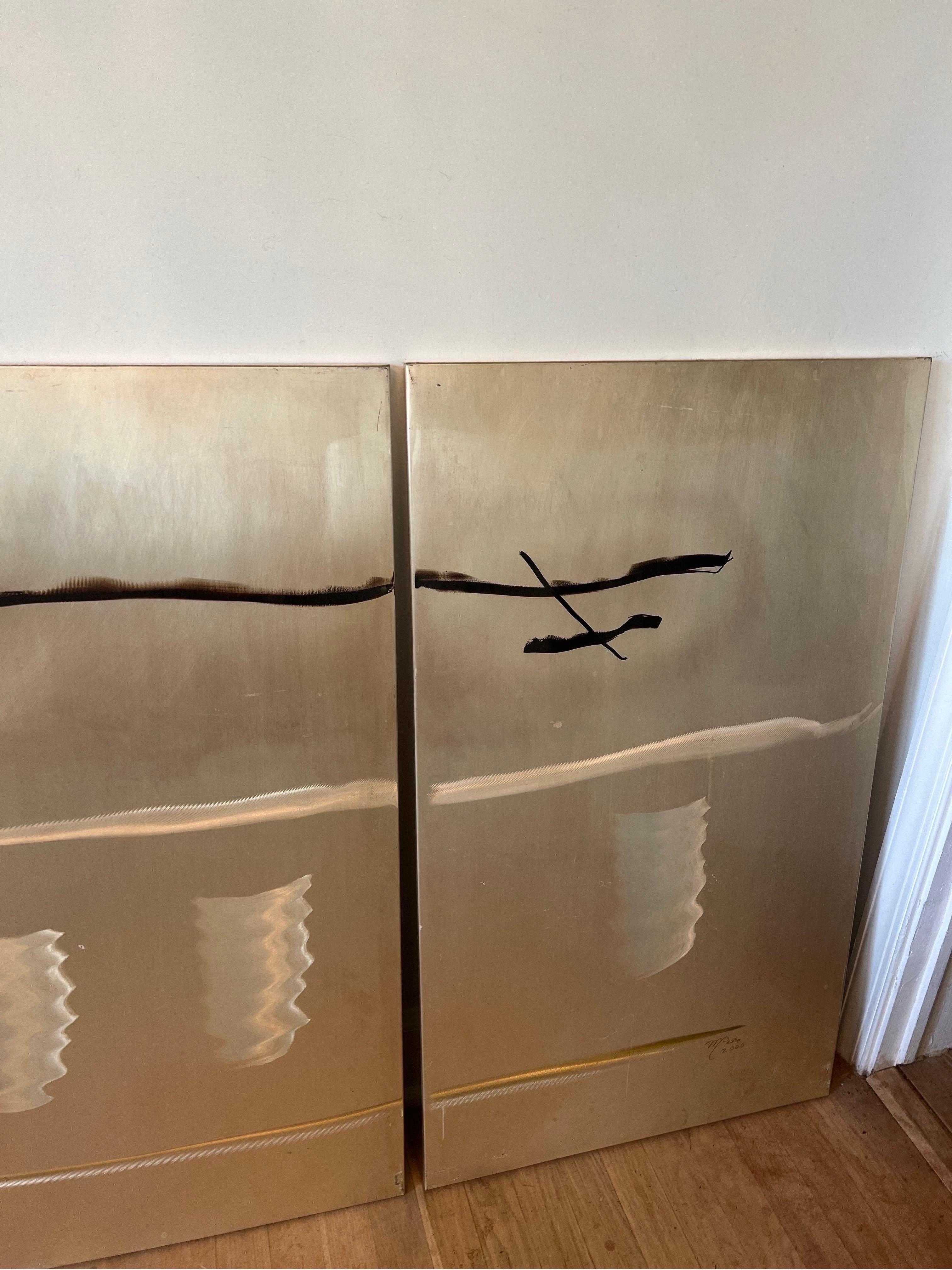Brutalist Style Abstract Brass Panels Etched with Modern Paint - Signed M. Pena For Sale 2