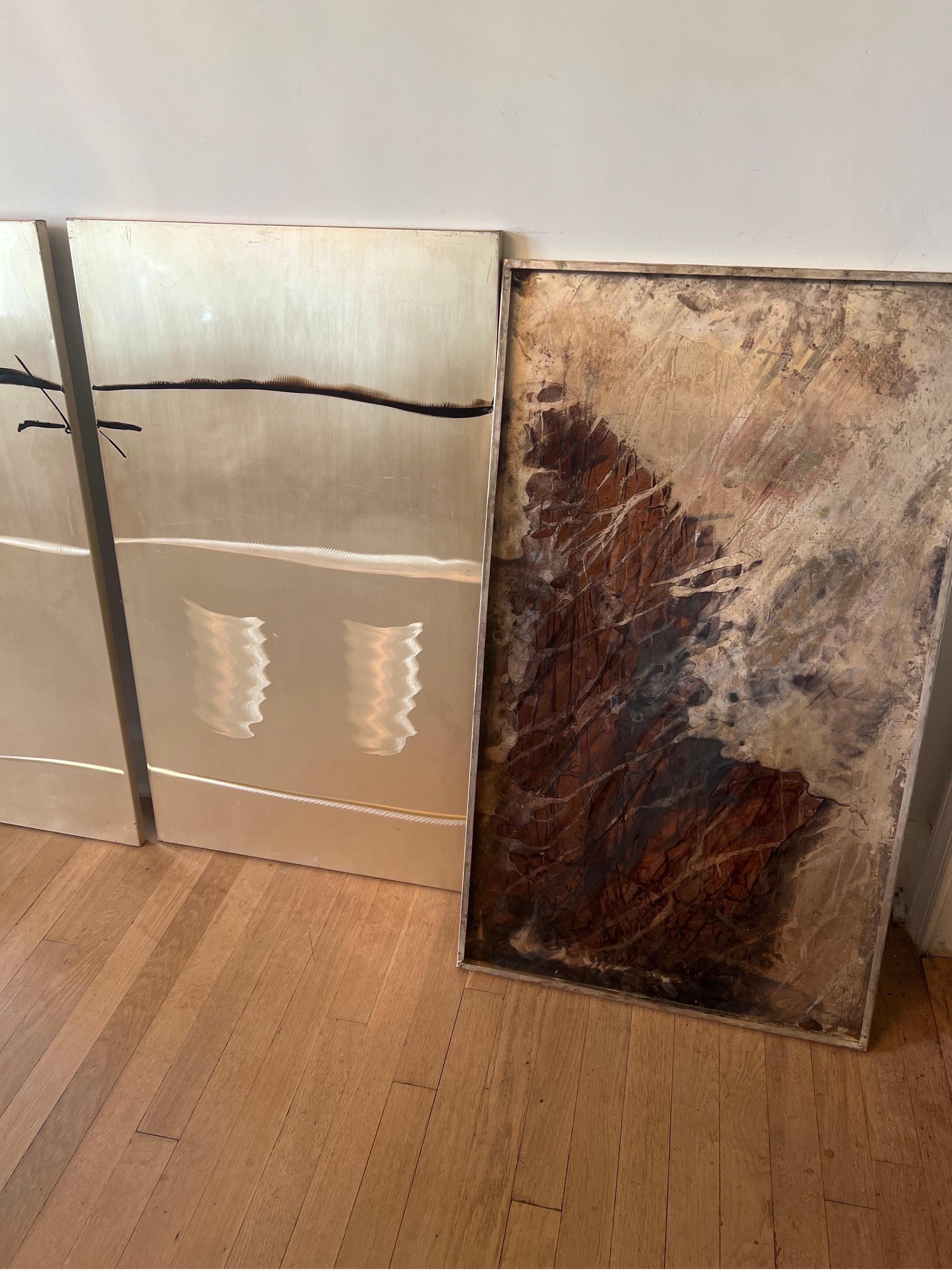 Brutalist Style Abstract Brass Panels Etched with Modern Paint - Signed M. Pena For Sale 3