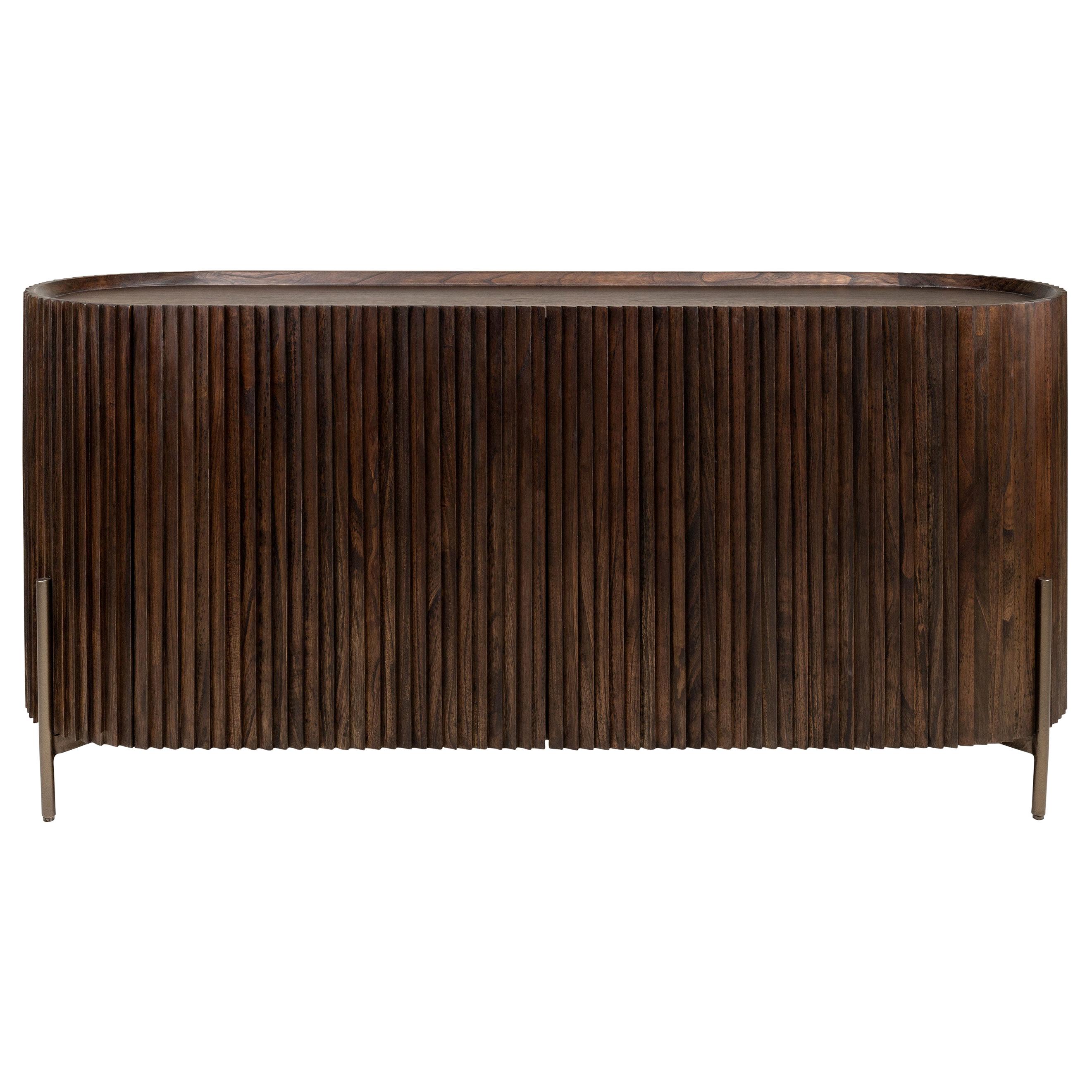 Brutalist Style and MCM Design Wooden and Brushed Brass Oval Shaped Sideboard