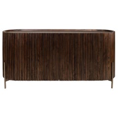 Ovales Sideboard aus Holz und gebürstetem Messing im brutalistischen Stil und im MCM-Design