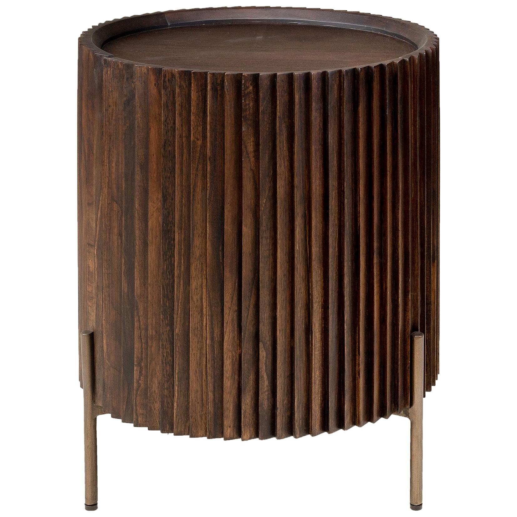 Brutalist Style and MCM Design Wooden and Brushed Brass Rounded Bedside Table For Sale