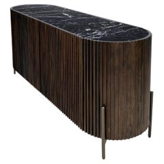 Brutalist Style and MCM Design Wooden and Marble Top Brass Oval Shaped Sideboard