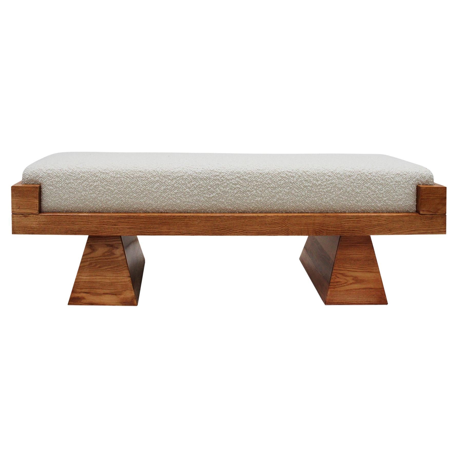 Brutalist Style Bench with Solid Oak Pyramid Bases and Ivory Bouclé Upholstery
