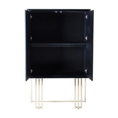 Brutalist Style Black Lacquered Wooden and Mirrored Dry Bar Cabinet