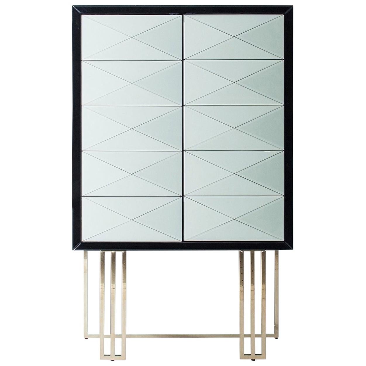 Brutalist Style Black Lacquered Wooden and Mirrored Dry Bar Cabinet For Sale