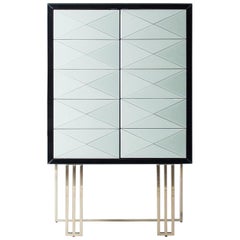 Brutalist Style Black Lacquered Wooden and Mirrored Dry Bar Cabinet