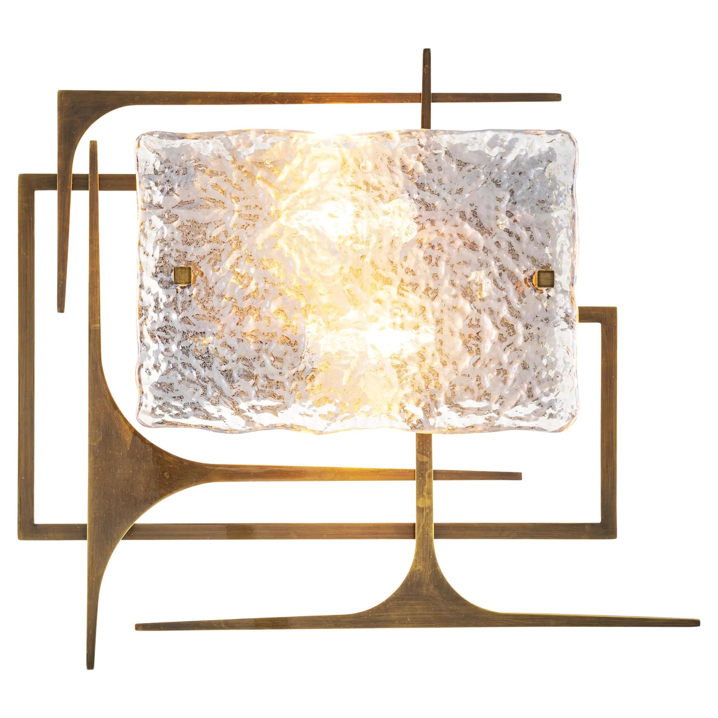 Brutalist Style Brass and Glass Wall Light For Sale