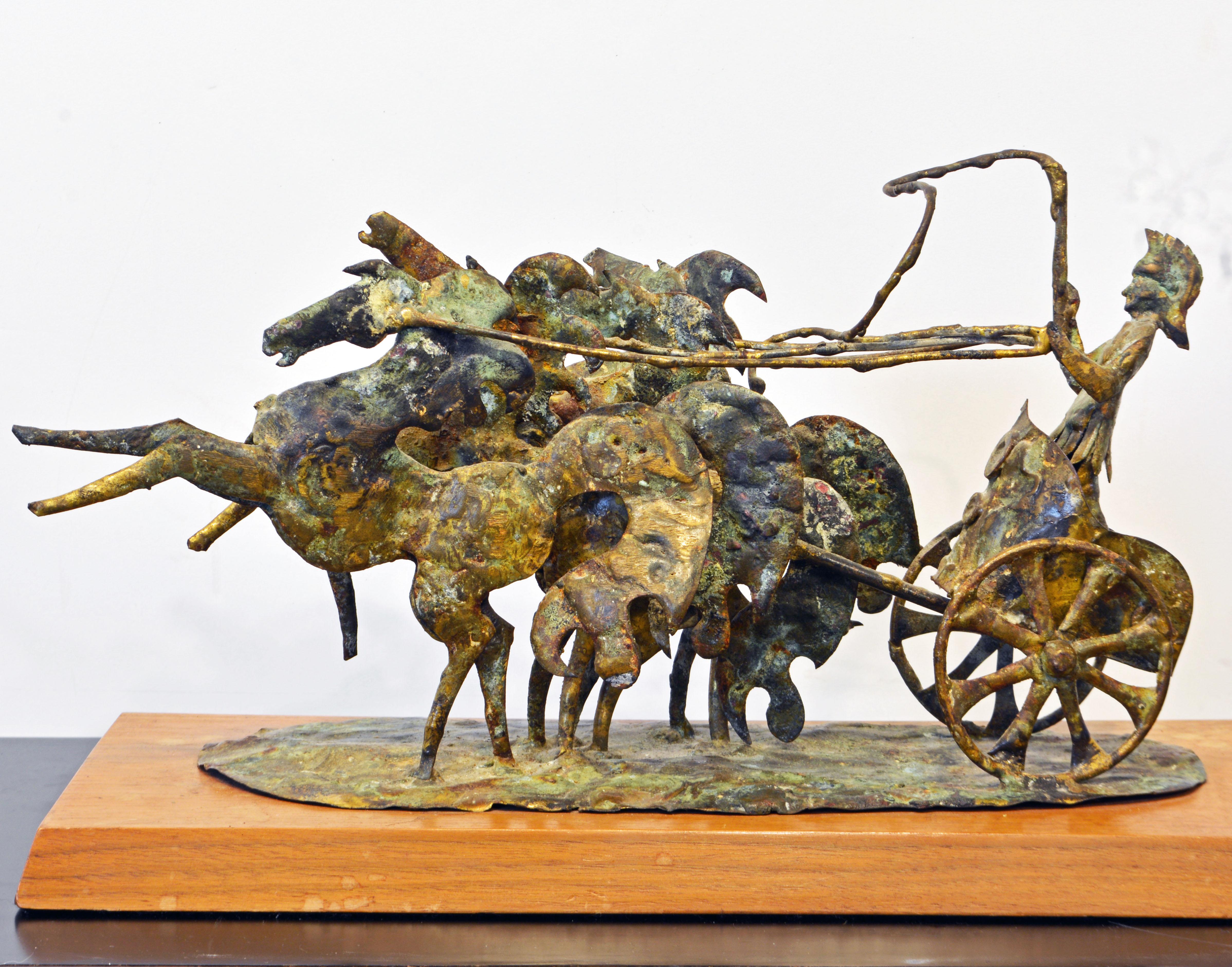 In this expressive bronze sculpture Bill Lett is capturing the ferocity and vigor of a Roman charioteer and his horses. The bronze has been patinated to a rich mottled surface and is resting on a wood base bearing a small artist plaque.

Bill