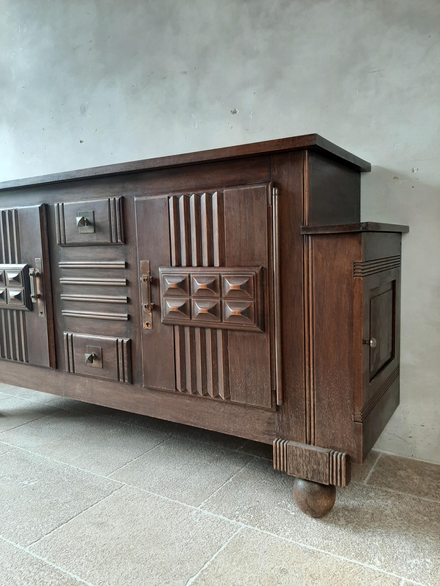 French Brutalist style Brown Oak Sideboard, Credenza by Charles Dudouyt