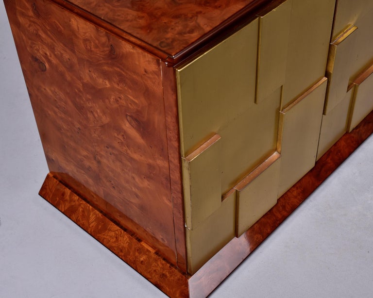 Brutalist Style Burlwood Buffet Cabinet with Brass Front and Rosewood Interior For Sale 6