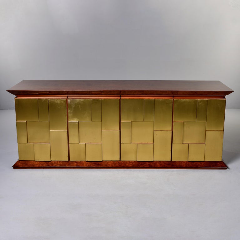 English Brutalist Style Burlwood Buffet Cabinet with Brass Front and Rosewood Interior For Sale