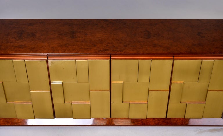 Brutalist Style Burlwood Buffet Cabinet with Brass Front and Rosewood Interior For Sale 2