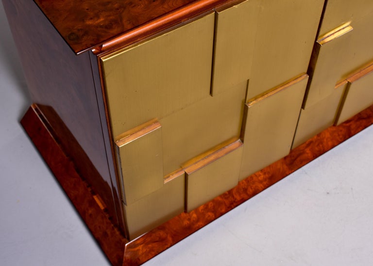 Brutalist Style Burlwood Buffet Cabinet with Brass Front and Rosewood Interior For Sale 4