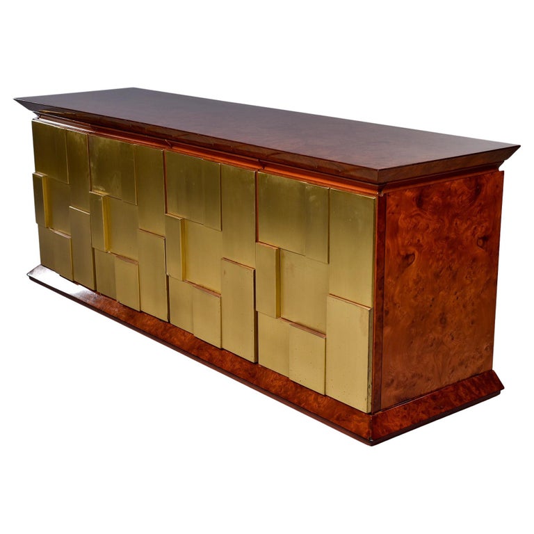 Brutalist Style Burlwood Buffet Cabinet with Brass Front and Rosewood Interior For Sale