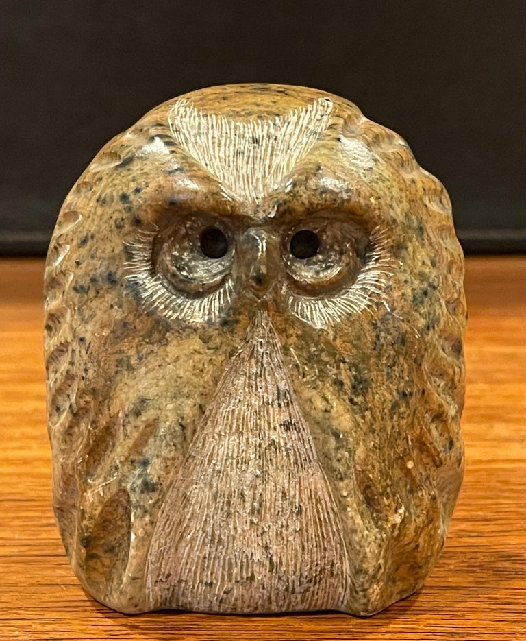 Brutalist Style Carved Soapstone Owl Sculpture by Glenn Heath For Sale
